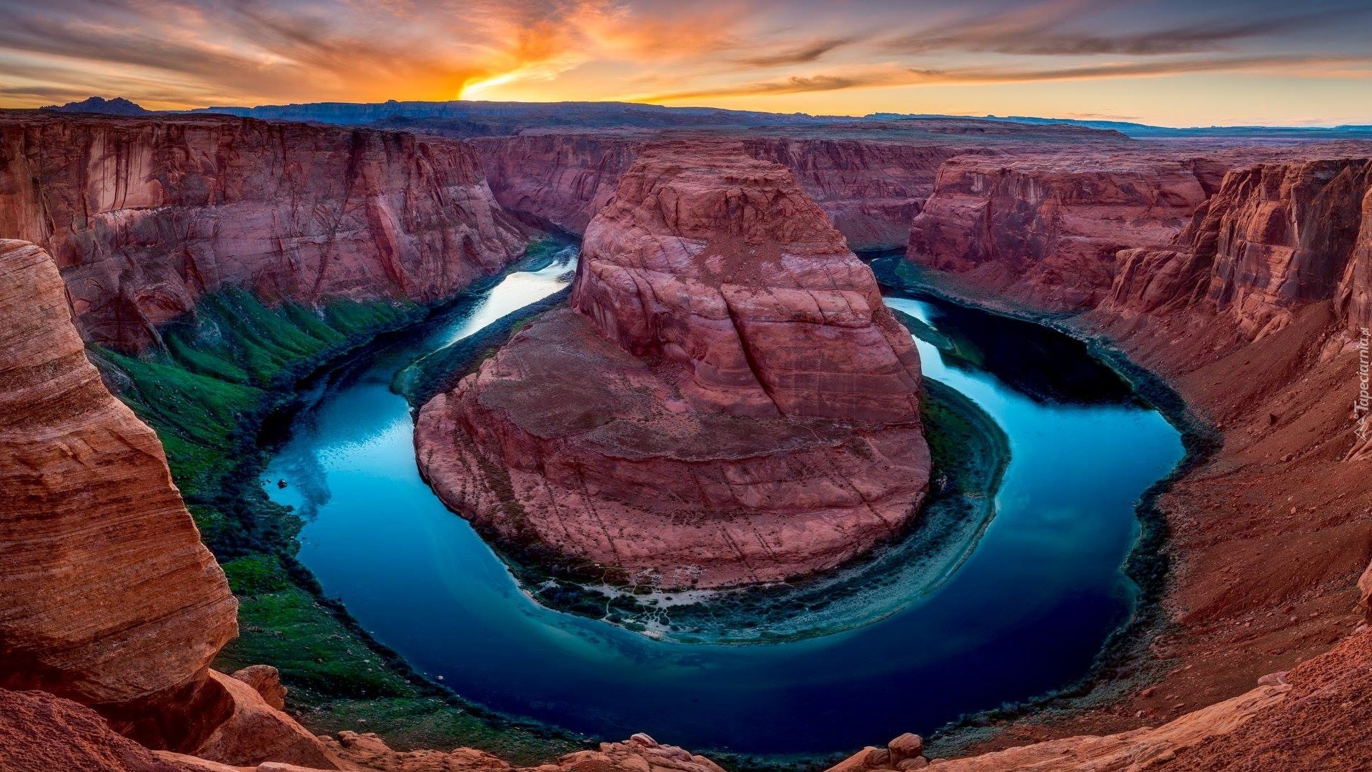Park Narodowy Glen Canyon, Kanion, Skały, Rzeka, Kolorado River, Meander, Horseshoe Bend, Zachód słońca, Arizona, Stany Zjednoczone