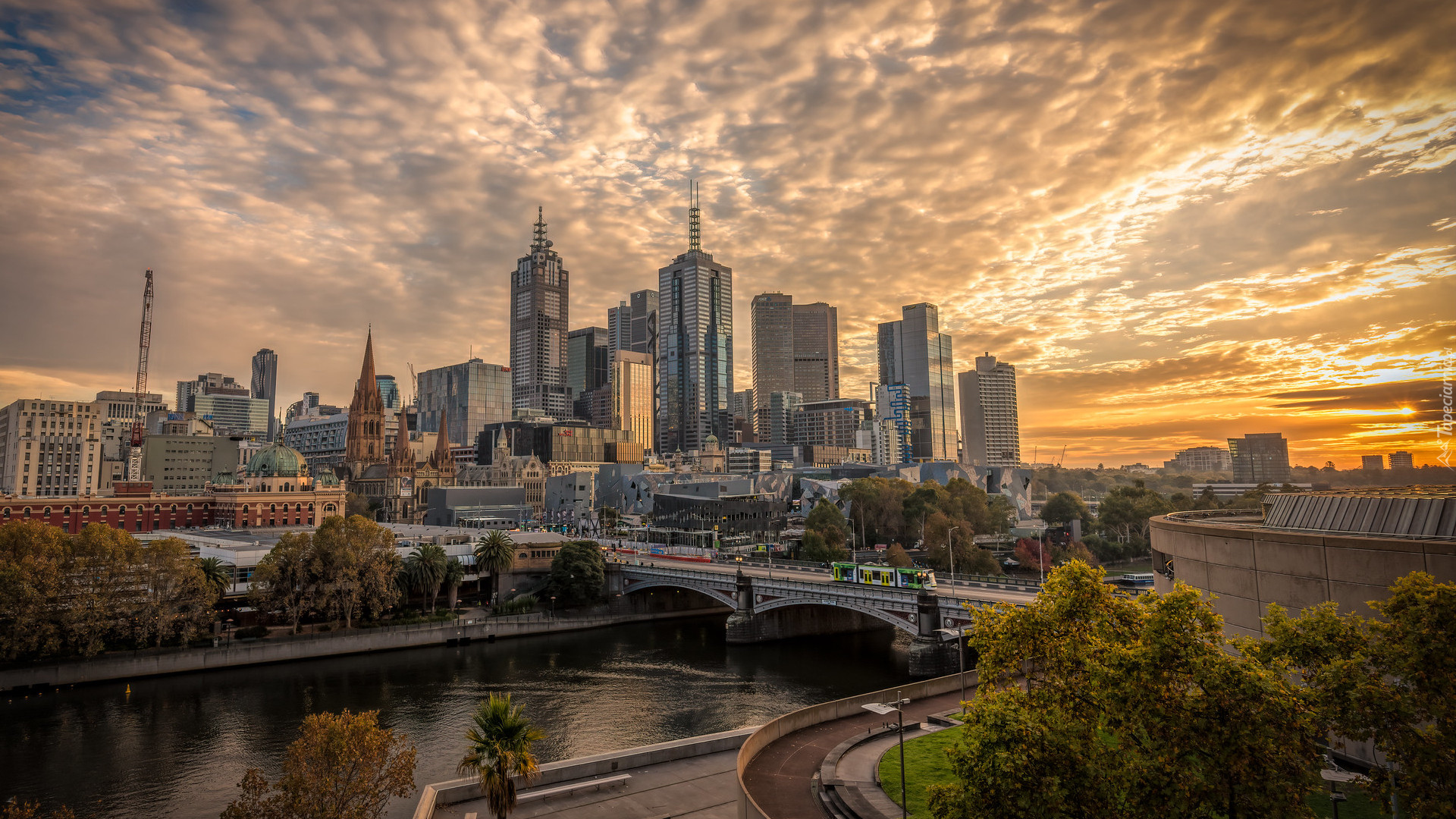 Most, Rzeka Yarra, Drzewa, Wieżowce, Miasto, Melbourne, Australia