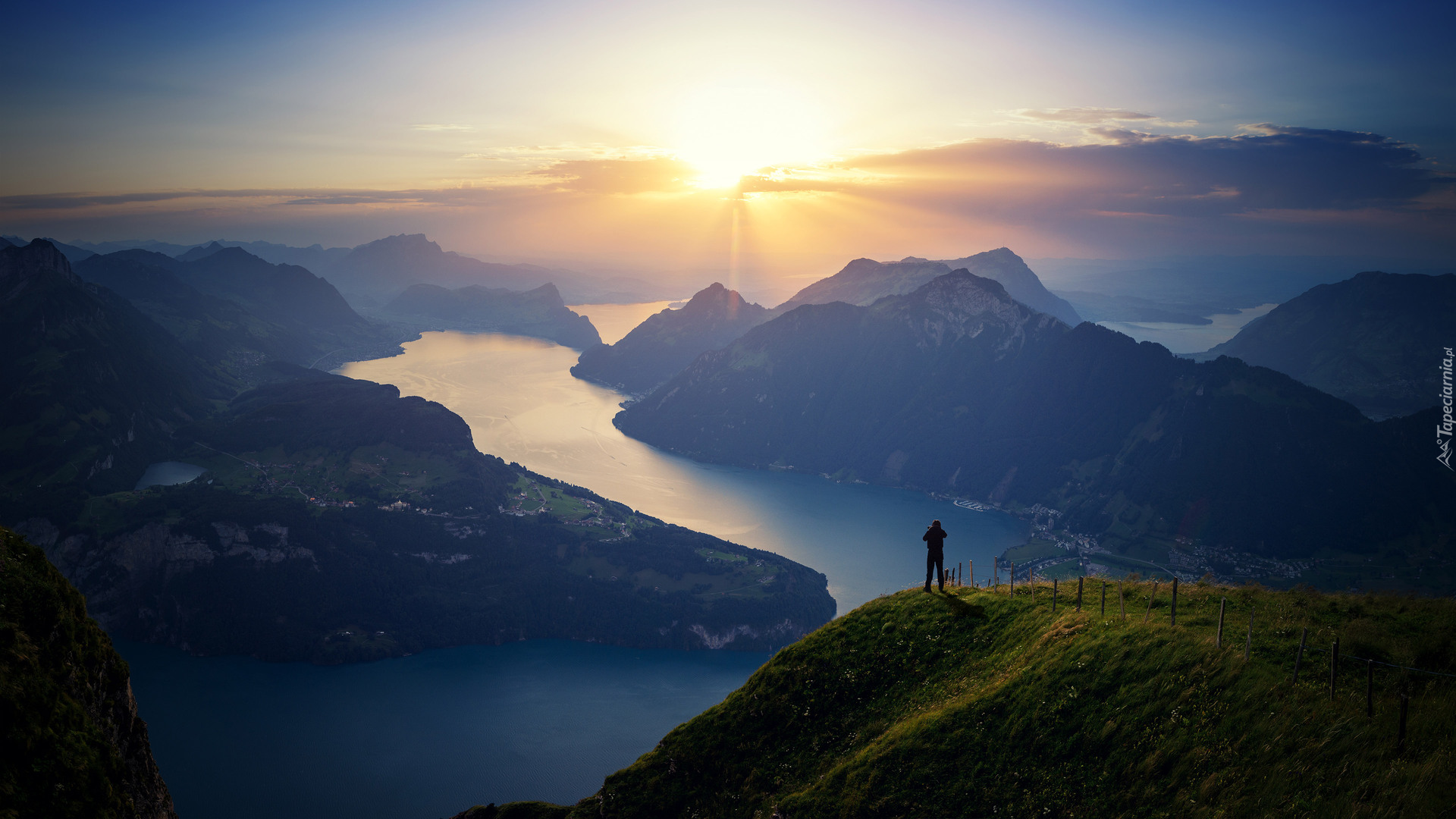 Szwajcaria, Jezioro Czterech Kantonów, Człowiek, Góry, Promienie słońca