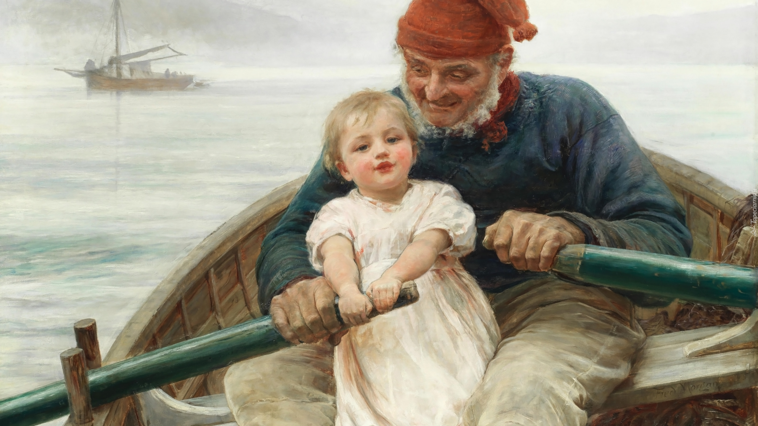 Malarstwo, Obraz, Mężczyzna, Dziecko, Łódka, Frederick Morgan
