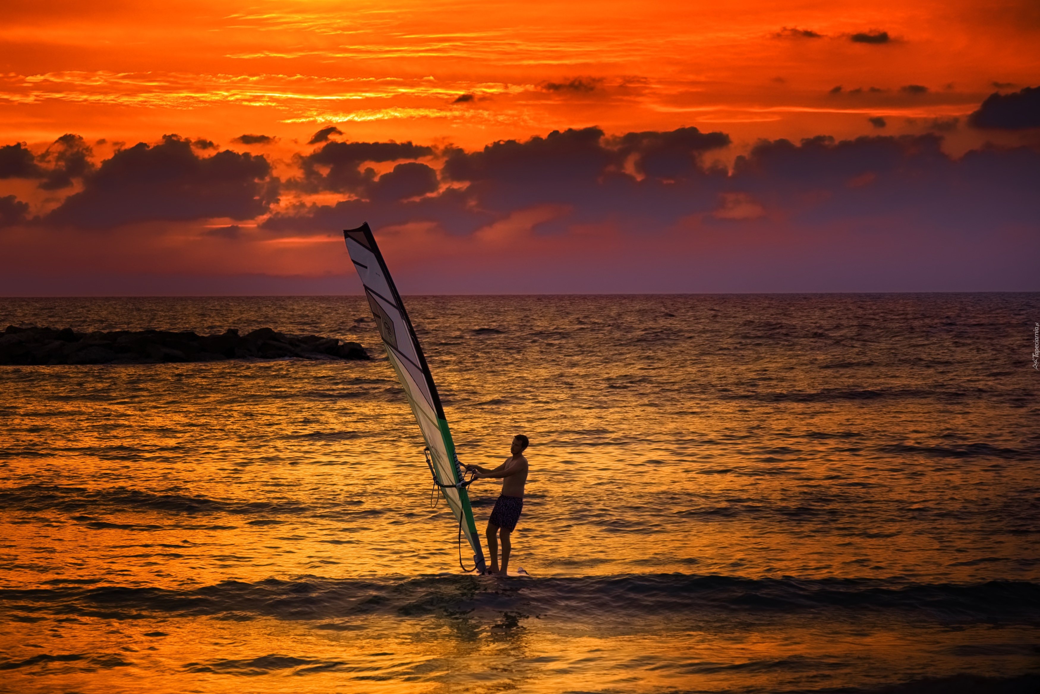 Mężczyzna, Morze, Zachód, Słońca, Windsurfing, Surfing, Deska