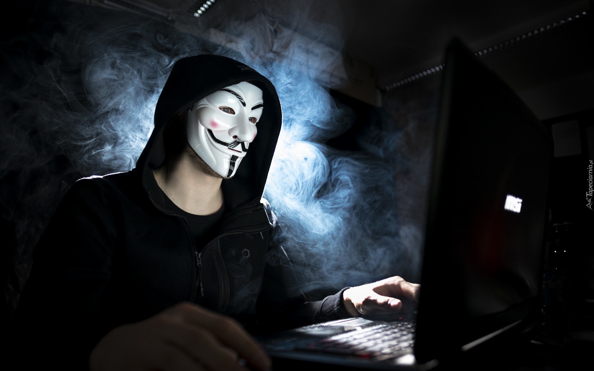 Mężczyzna, Anonymous, Maska, Laptop, Światło