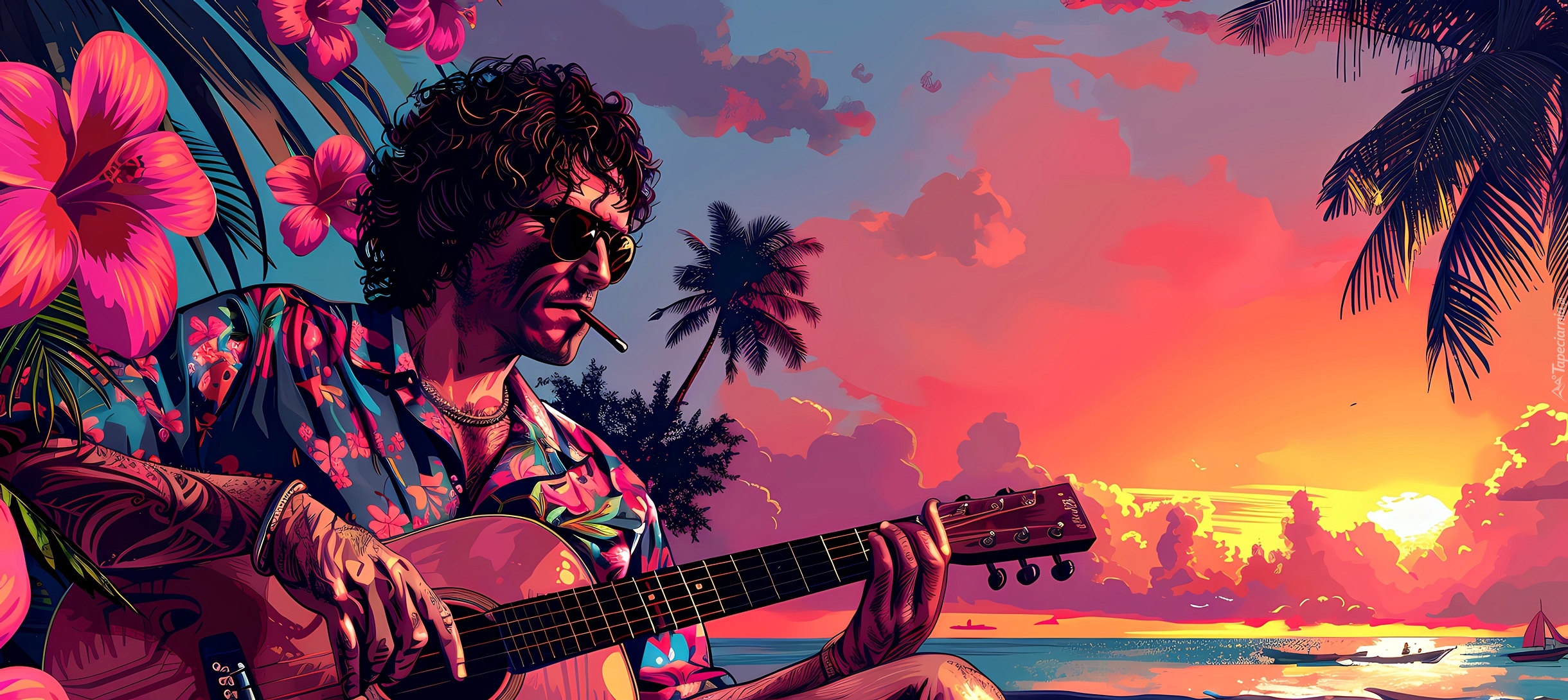 Mężczyzna, Gitara, Morze, Zachód słońca, Grafika AI
