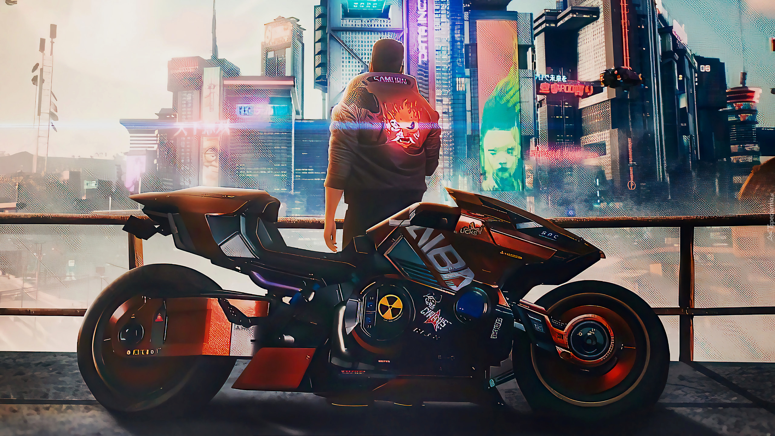 Gra, Cyberpunk 2077, Postać, Mężczyzna, Motocykl, Domy