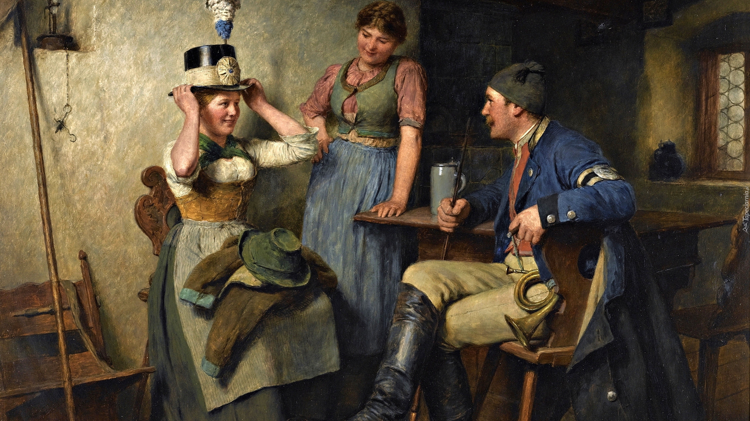 Obraz, Malarstwo, Hugo Wilhelm Kauffmann, Dwie, Kobiety, Mężczyzna, Kuchnia, Stół