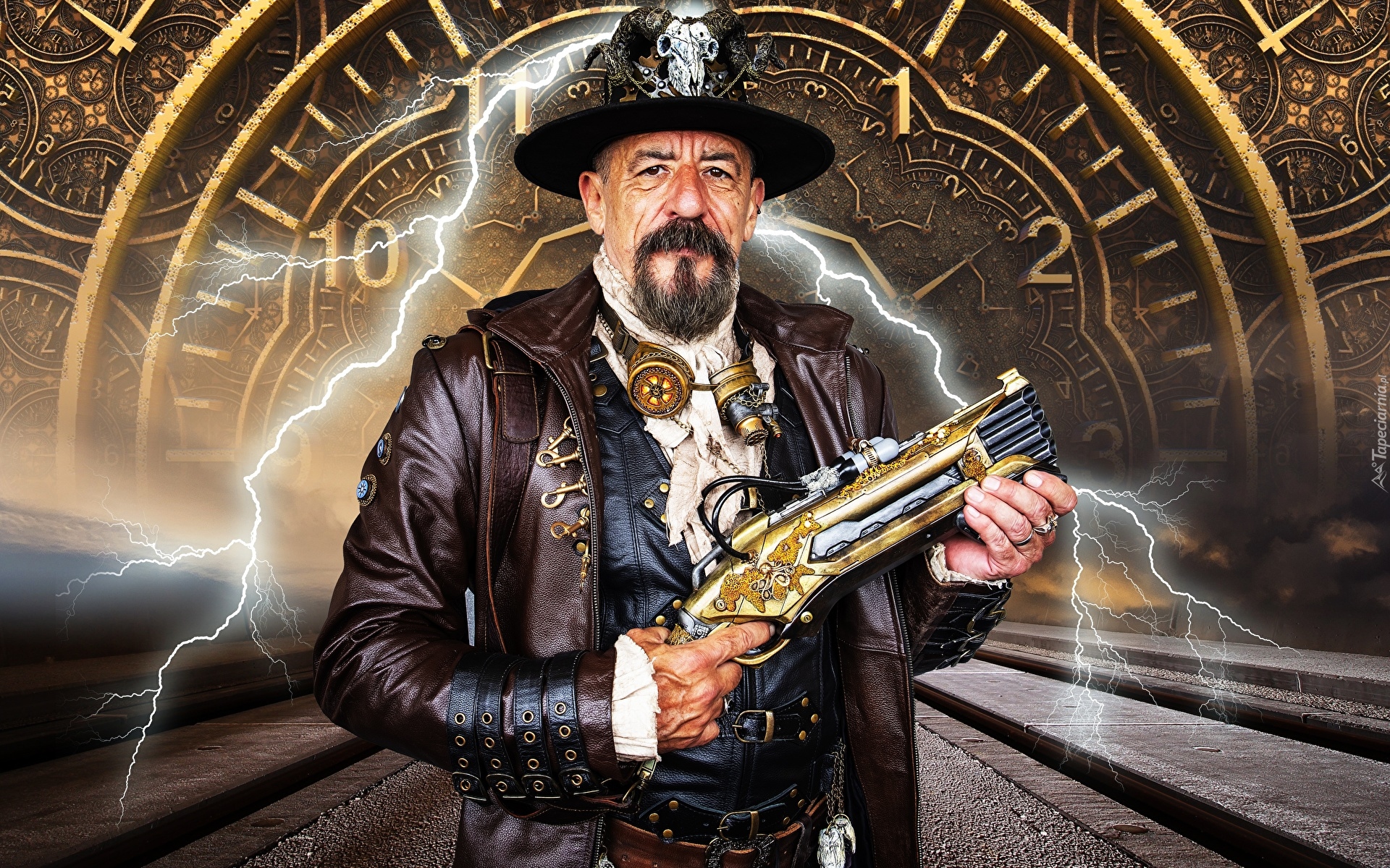 Mężczyzna, Pistolet, Kapelusz, Broda, Błyskawica, Ręce, Zegar, Steampunk