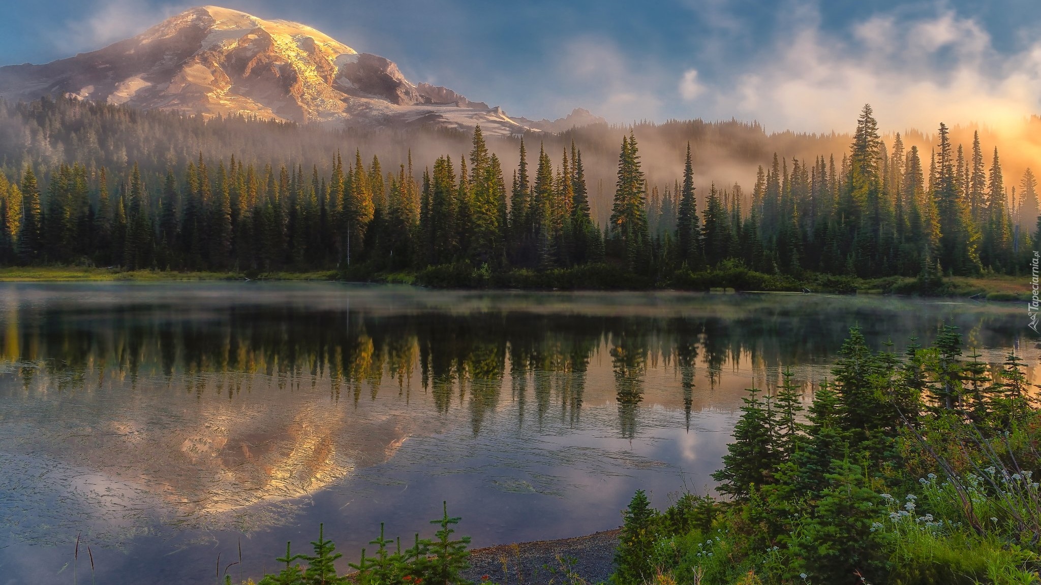 Stany Zjednoczone, Stan Waszyngton, Park Narodowy Mount Rainier, Stratowulkan, Góra, Drzewa, Jezioro, Reflection Lake, Mgła, Odbicie