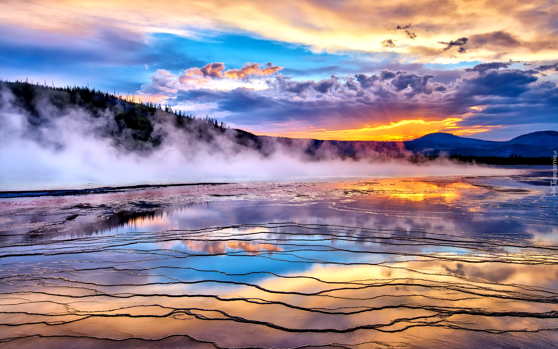 Stany Zjednoczone, Park Narodowy Yellowstone, Gorące, Źródło, Opary, Las, Wzgórze, Zachód słońca