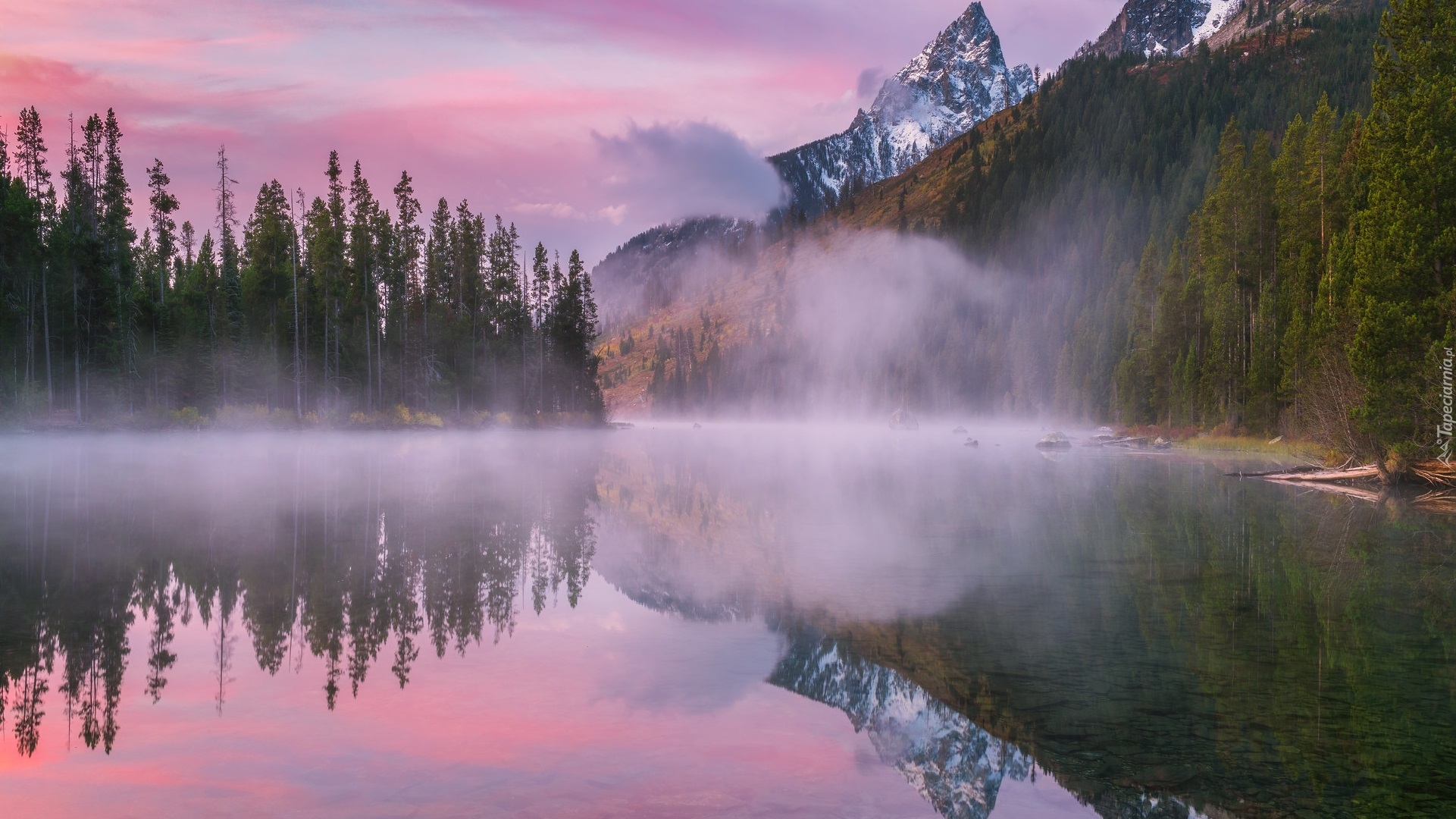 Góry, Drzewa, Las, Jezioro, String Lake, Mgła, Park Narodowy Grand Teton, Stan Wyoming, Stany Zjednoczone