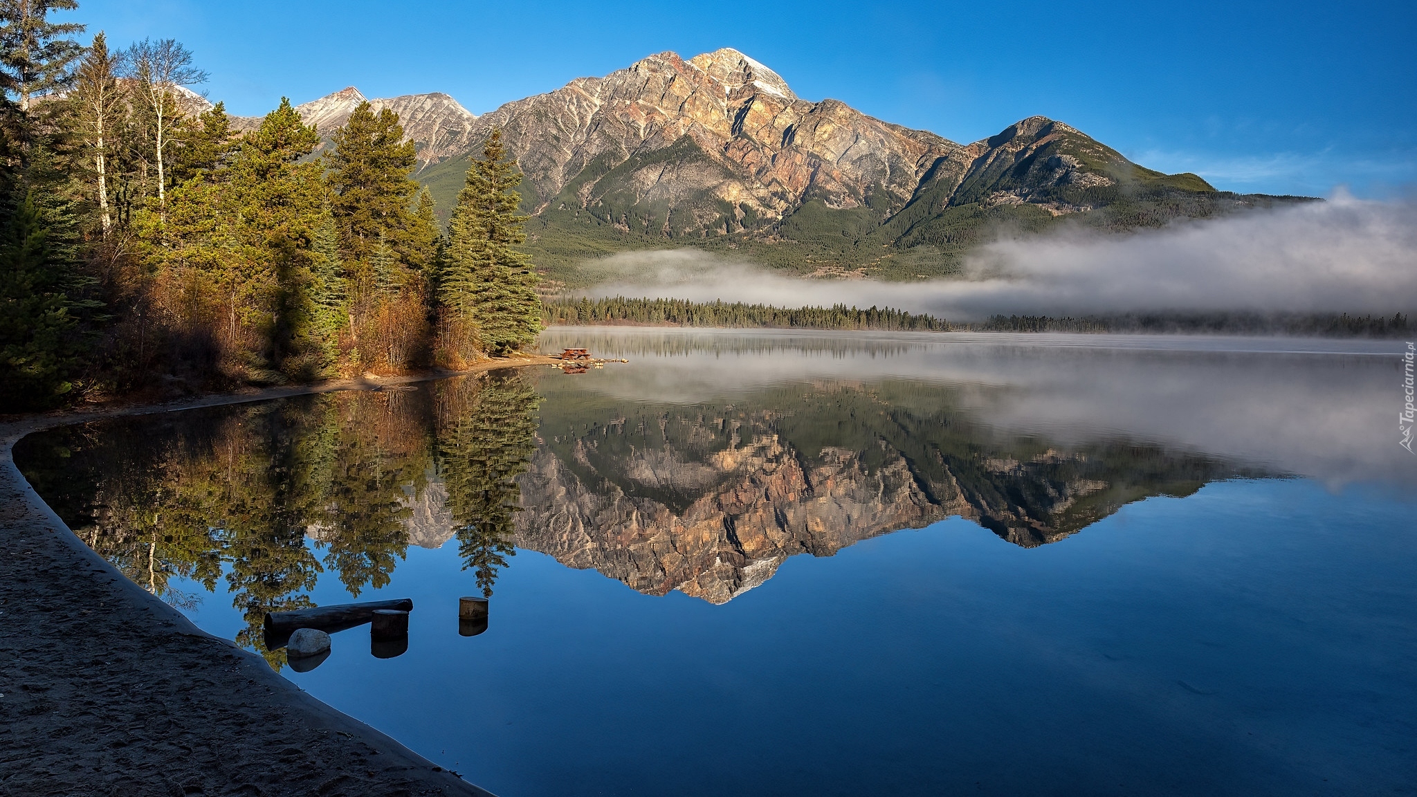 Góry, Jezioro, Pyramid Lake, Drzewa, Park Narodowy Jasper, Kanada