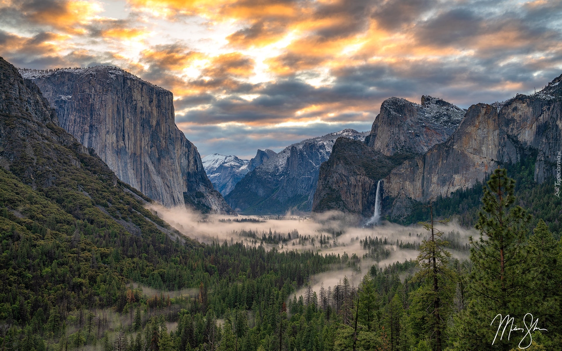 Stany Zjednoczone, Kalifornia, Park Narodowy Yosemite, Góry, Yosemite Valley, Dolina, Mgła, Drzewa, Chmury