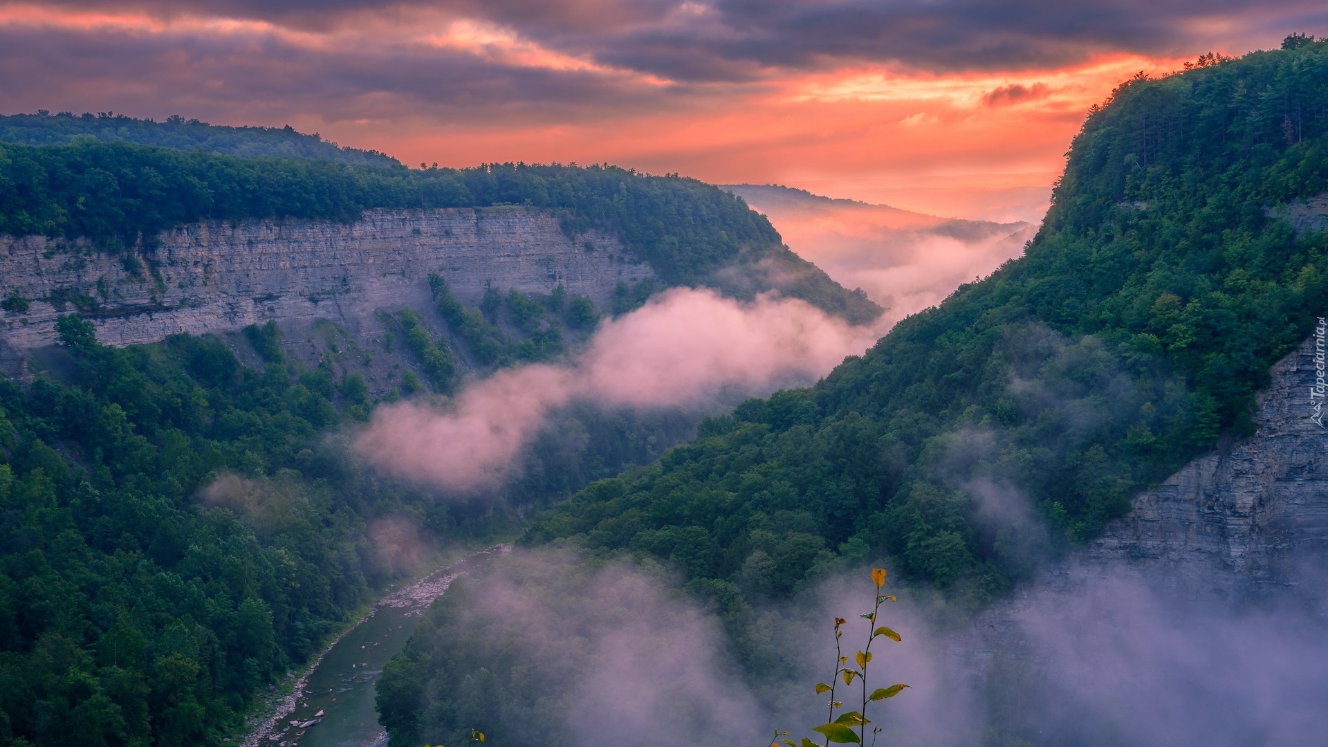 Wschód słońca, Wąwóz, Góry, Skały, Mgła, Rzeka Genesee, Letchworth State Park, Stan Nowy Jork, Stany Zjednoczone