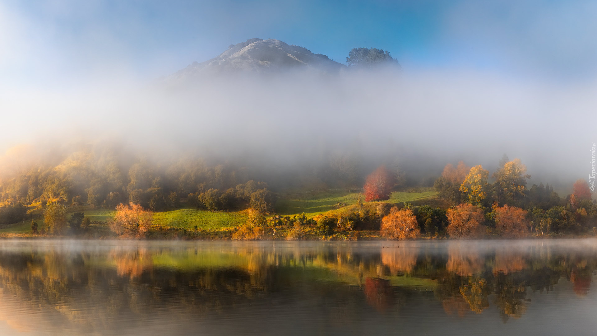 Jesień, Jezioro, Waikopiro Lake, Góry, Mgła, Tutira, Nowa Zelandia