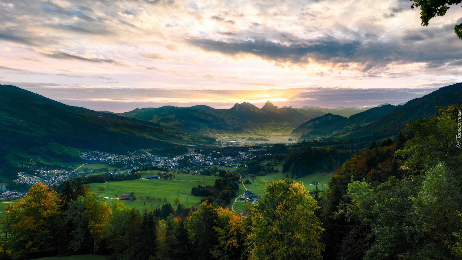 Szwajcaria, Goldau, Dolina, Góry, Jezioro, Lake Lauerz, Drzewa, Domy, Chmury