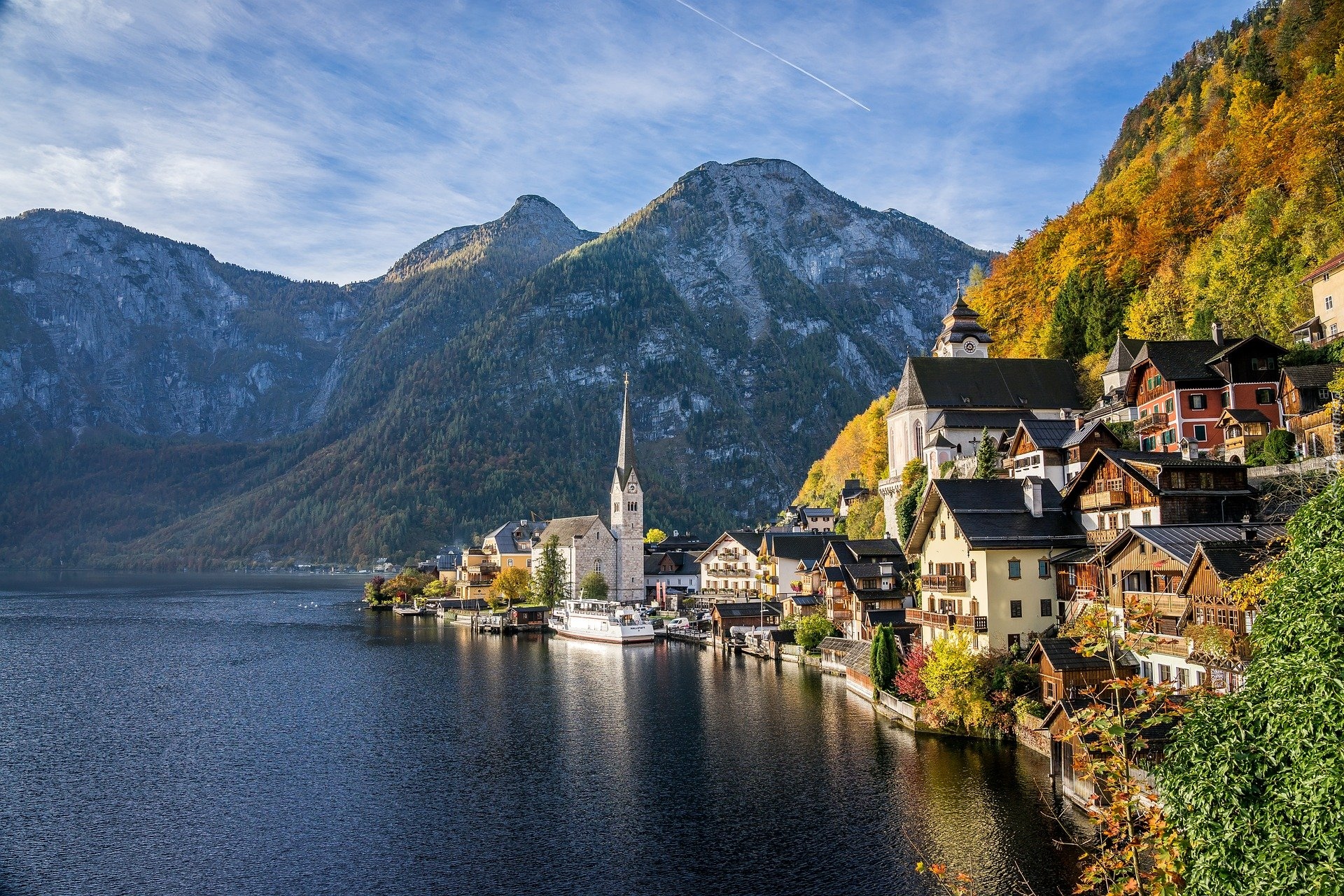 Austria, Hallstatt, Domy, Kościół, Góry, Jezioro Hallstattersee