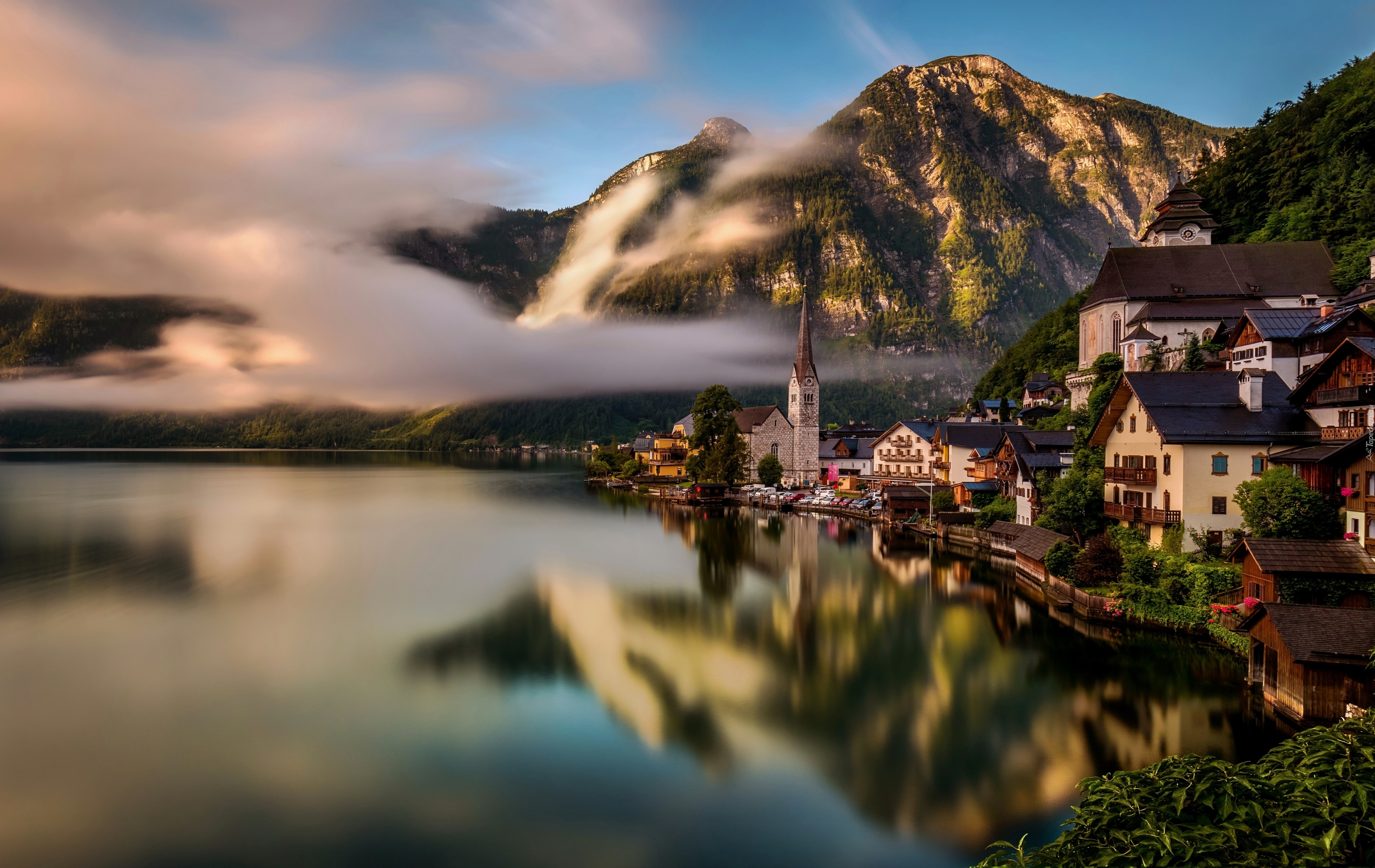 Austria, Hallstatt, Jezioro, Góry, Alpy Salzburskie, Domy, Odbicie