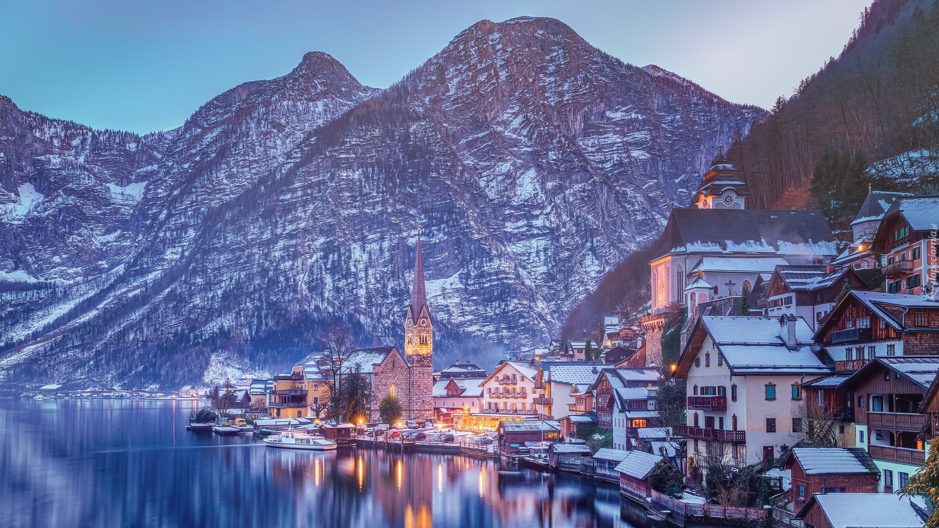 Jezioro, Hallstattersee Lake, Góry, Kościół, Śnieg, Hallstatt, Austria