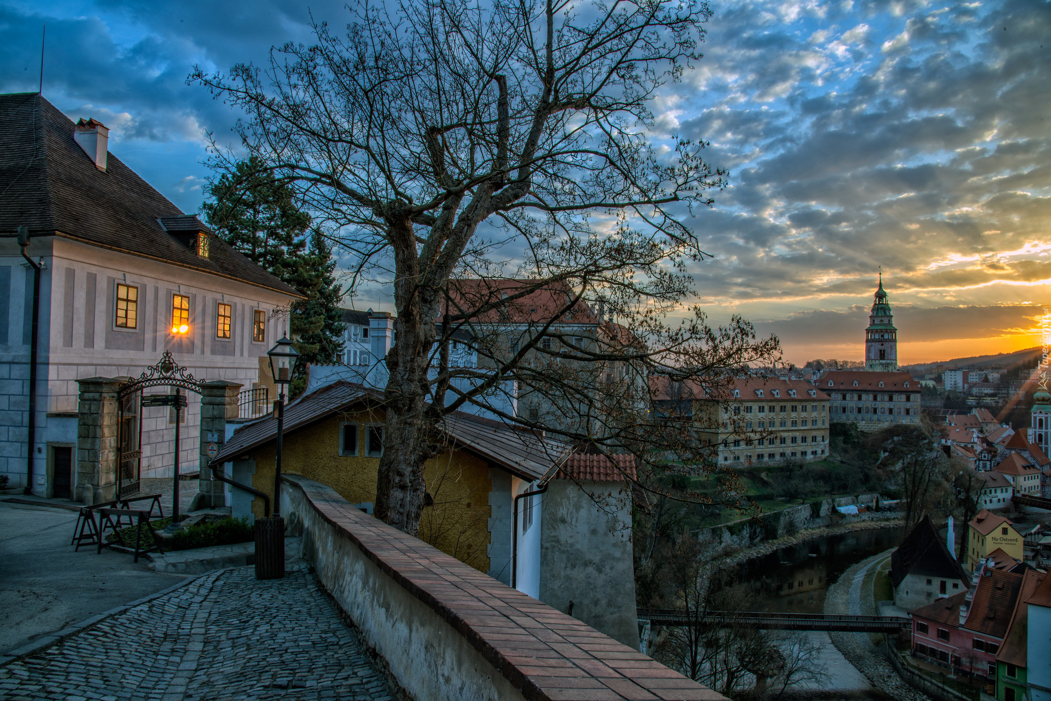 Czechy, Český Krumlov, Ulica, Domy, Kościół, Drzewo