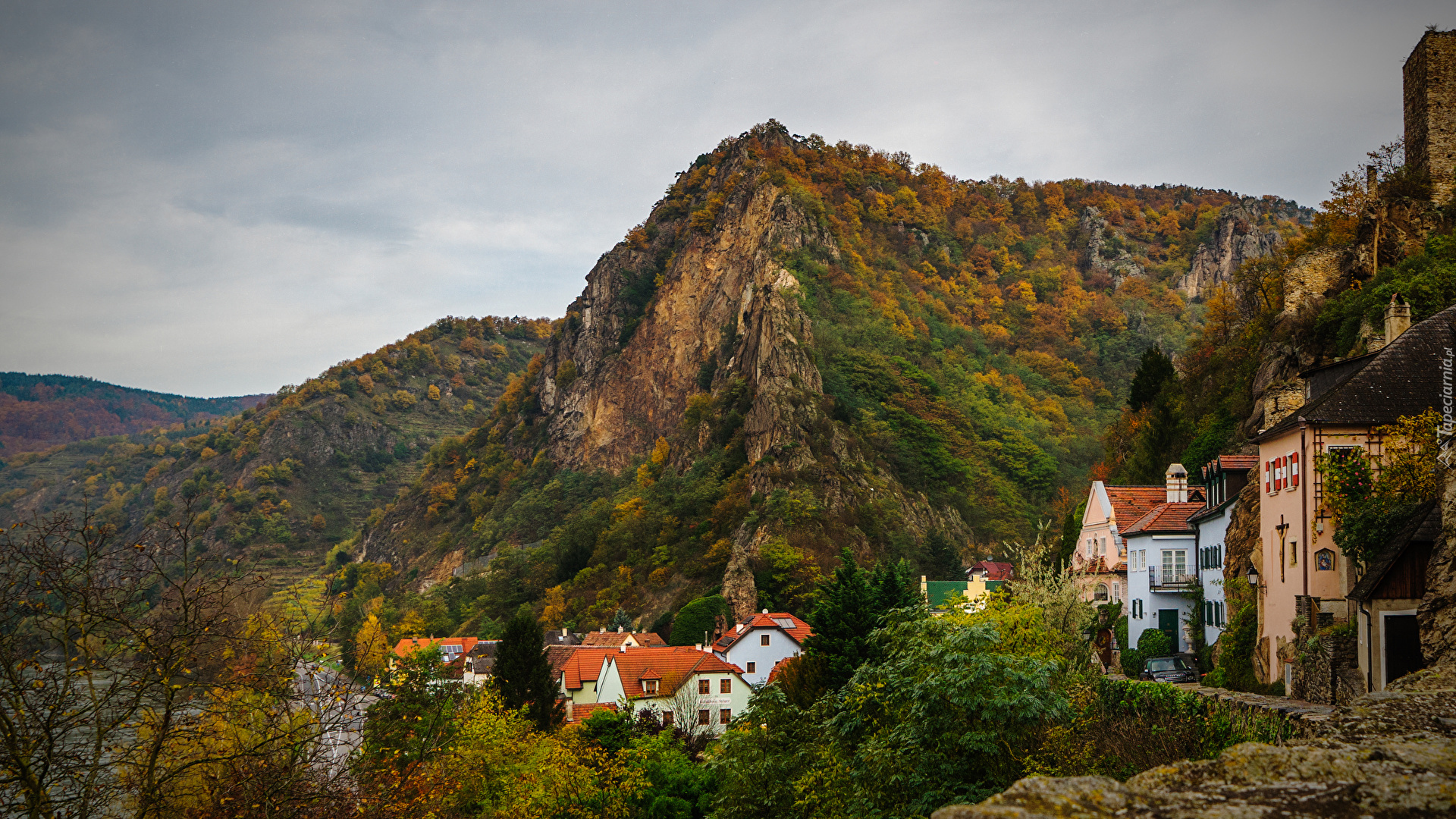 Góry, Lasy, Drzewa, Jesień, Domy, Durnstein, Austria