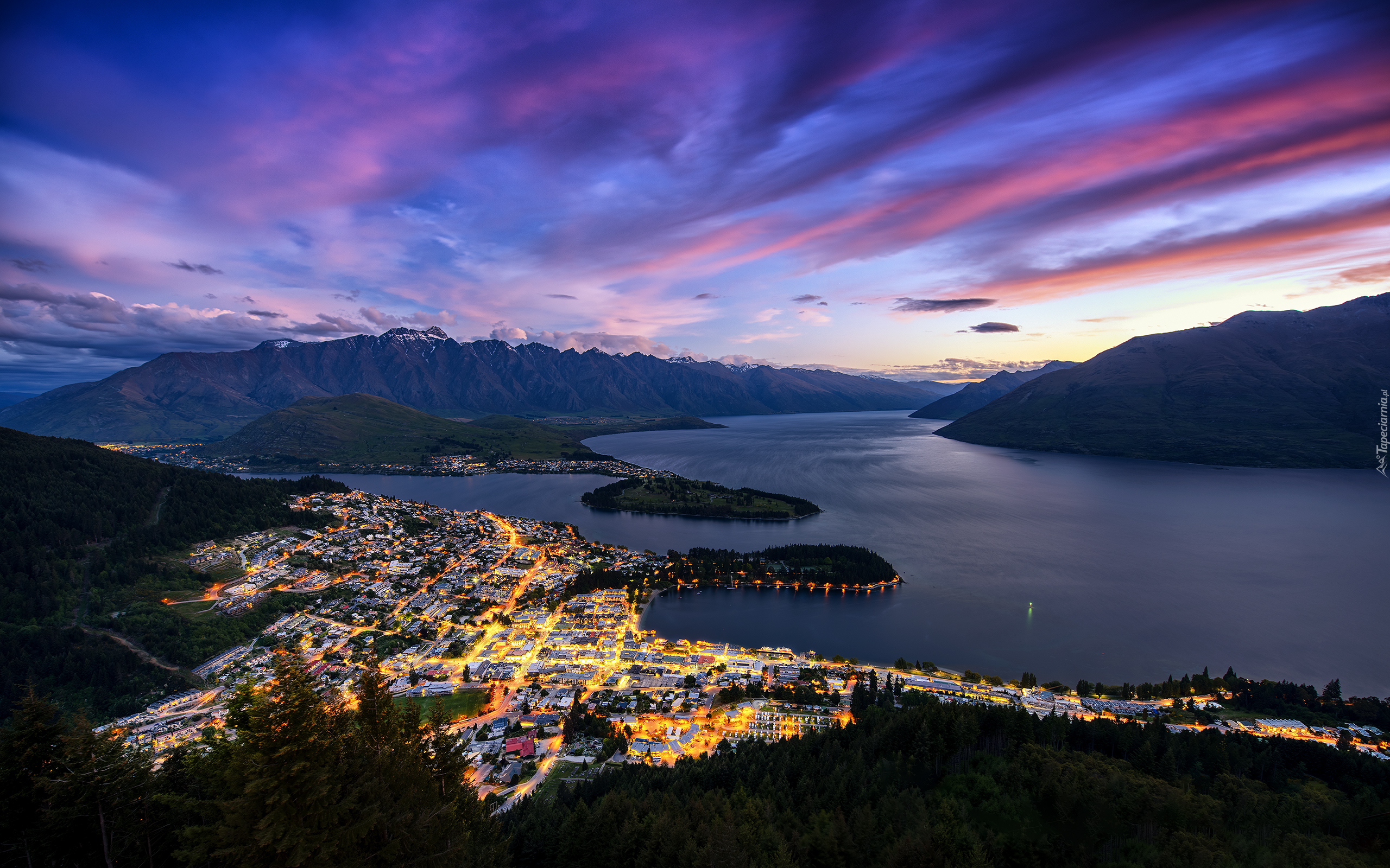 Jezioro, Wakatipu, Miasto, Queenstown, Nowa Zelandia