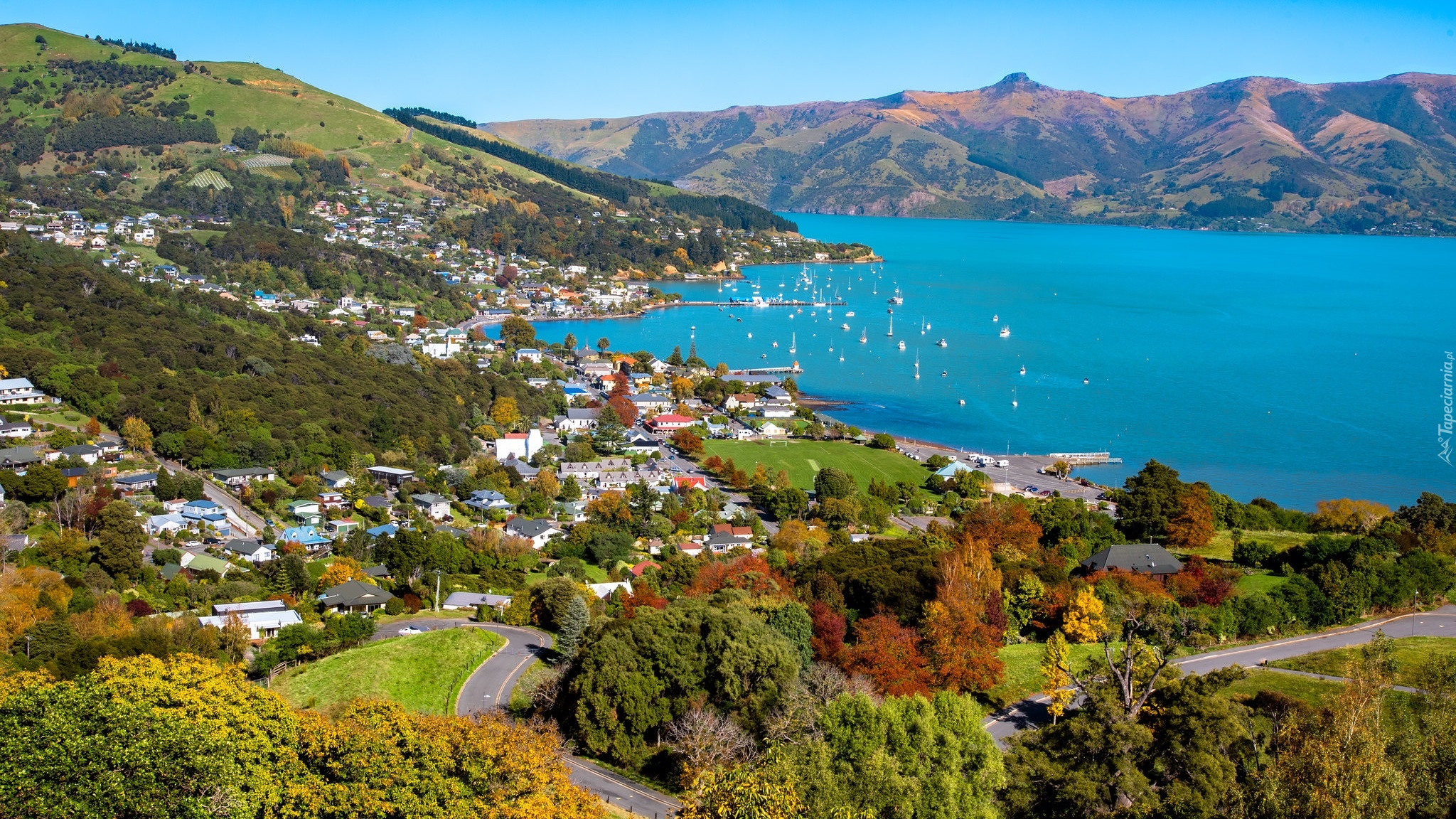 Morze, Półwysep Banksa, Góry, Zatoka, Żaglówki, Domy, Akaroa, Region Canterbury, Nowa Zelandia