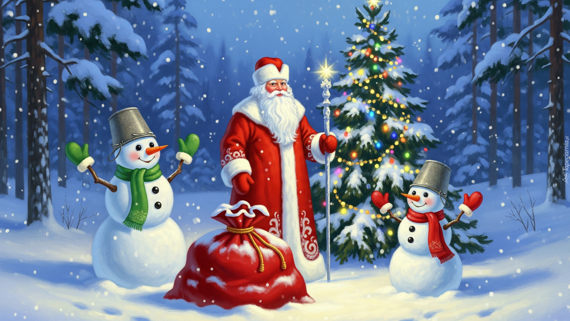 Boże Narodzenie, Mikołaj, Dwa, Bałwanki, Worek, Udekorowana, Choinka, Las, Śnieg, Zima