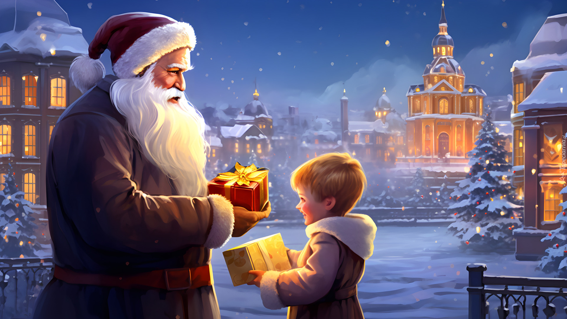 Mikołaj, Prezenty, Dziecko, Miasto, Światła, Zima, Śnieg