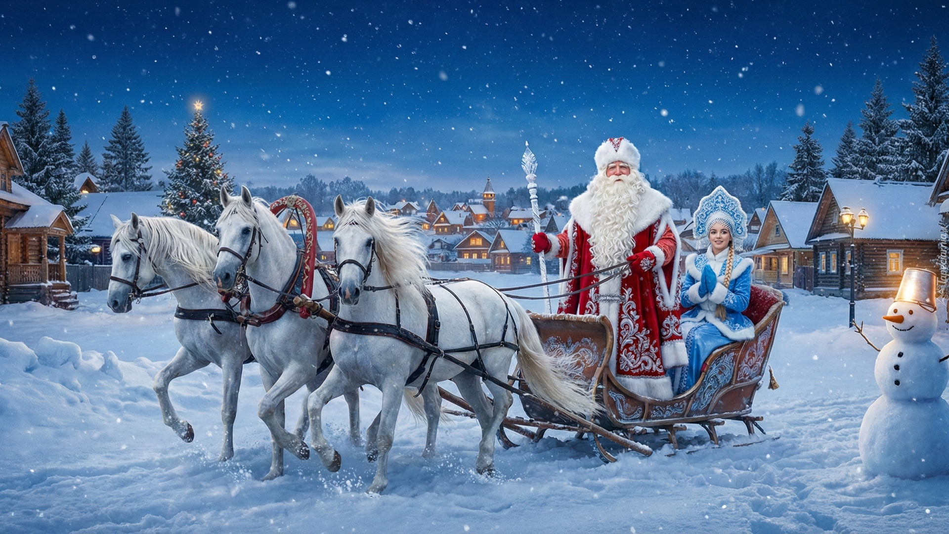 Zima, Mikołaj, Śnieżynka, Sanie, Trzy, Białe, Konie