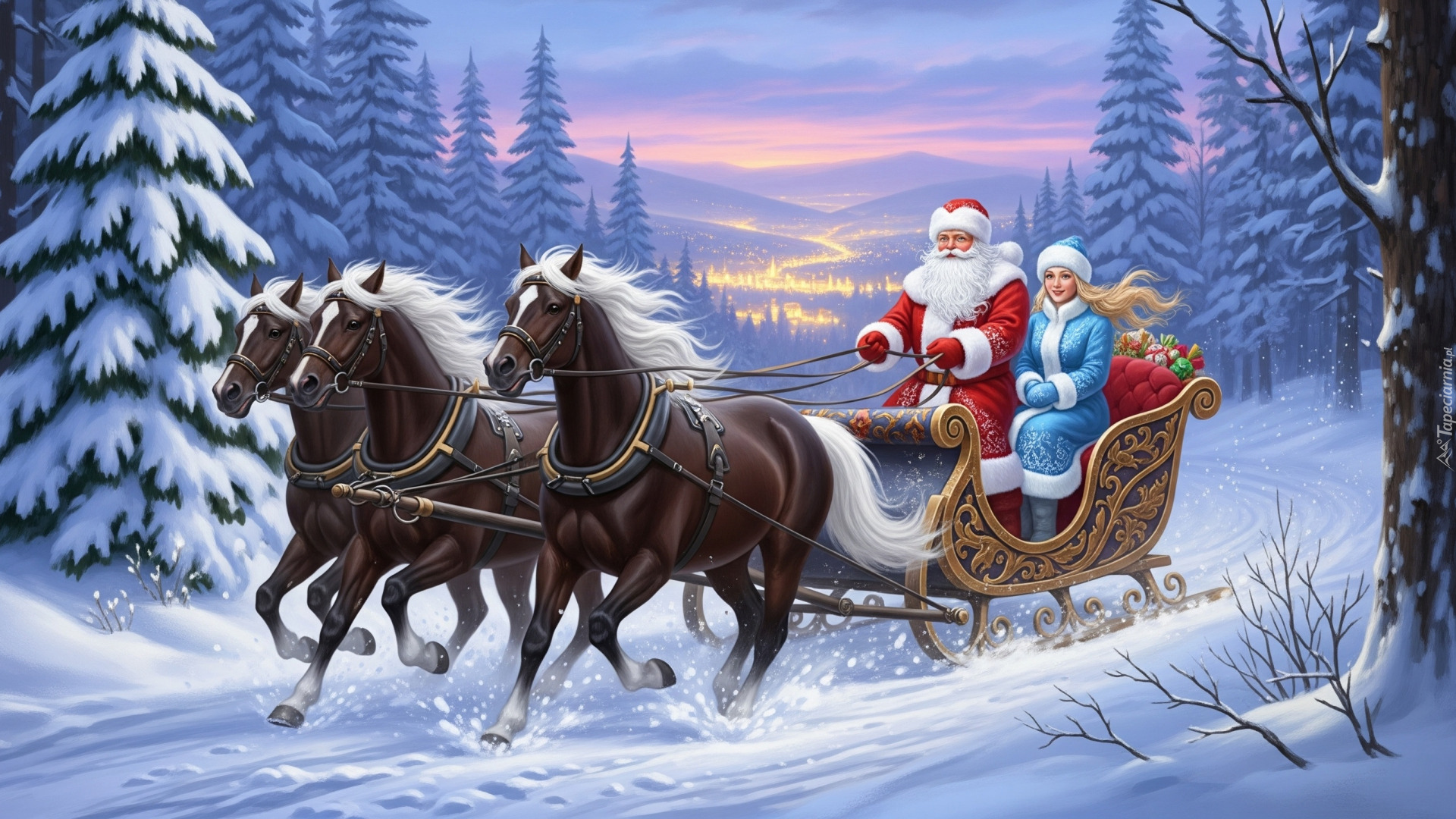 Grafika, Zima, Zaprzęg, Konie, Sanie, Mikołaj, Śnieżynka, Drzewa, Ośnieżone