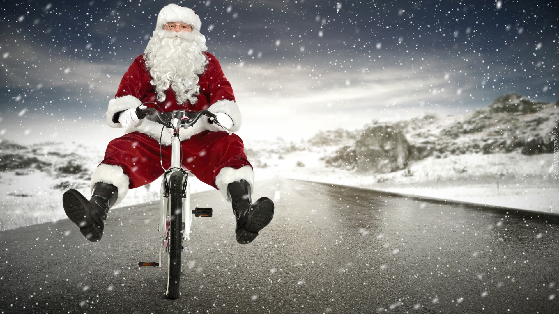 Mikołaj, Rower, Śnieg, Droga