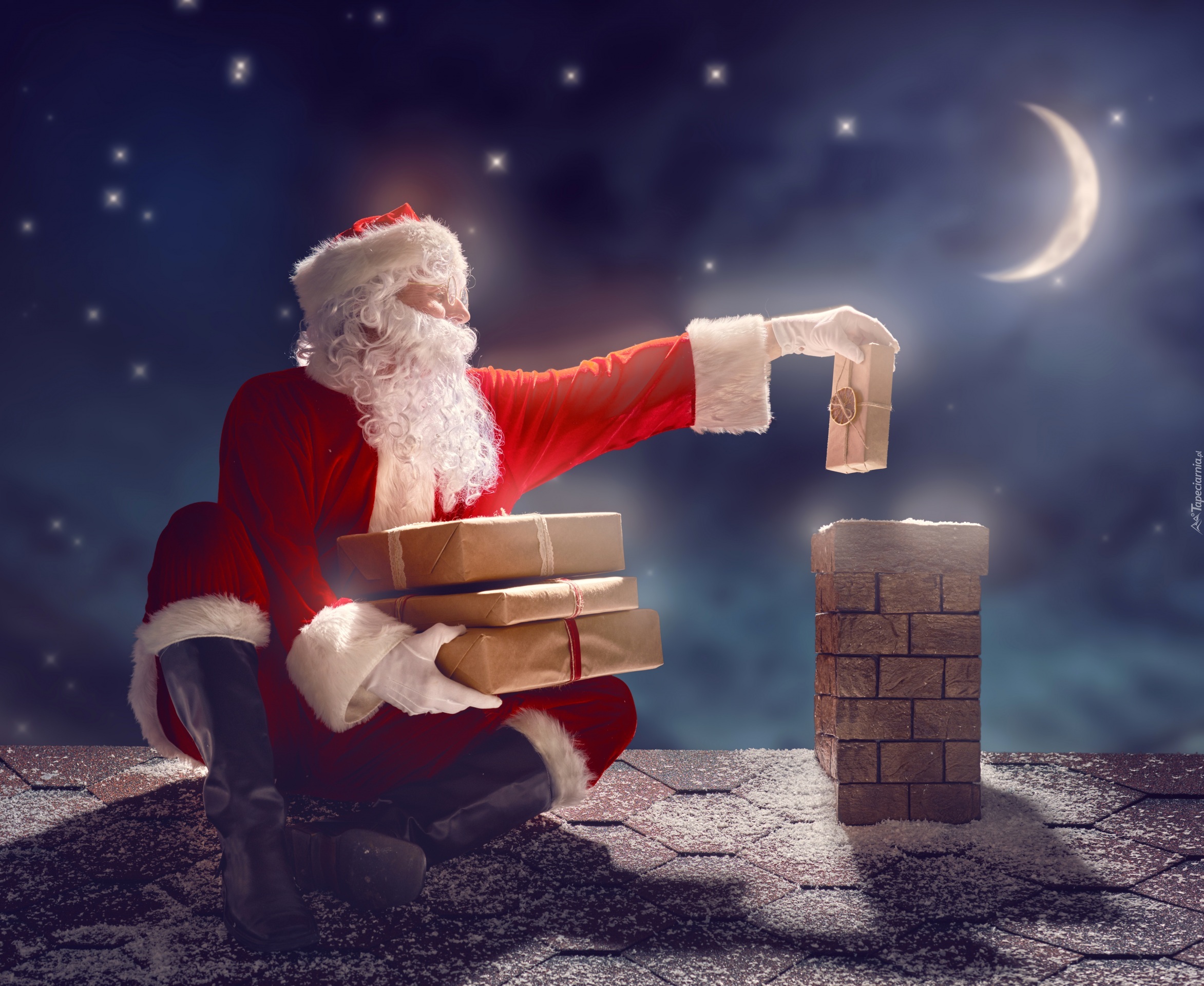Święty Mikołaj, Dach, Komin, Prezenty, Świąteczne