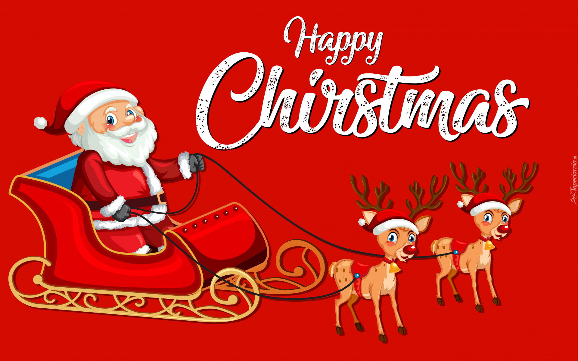 Nowy Rok, Święty Mikołaj, Zaprzęg, Napis, Wesołych Świąt, Sanie, Czerwone, Tło