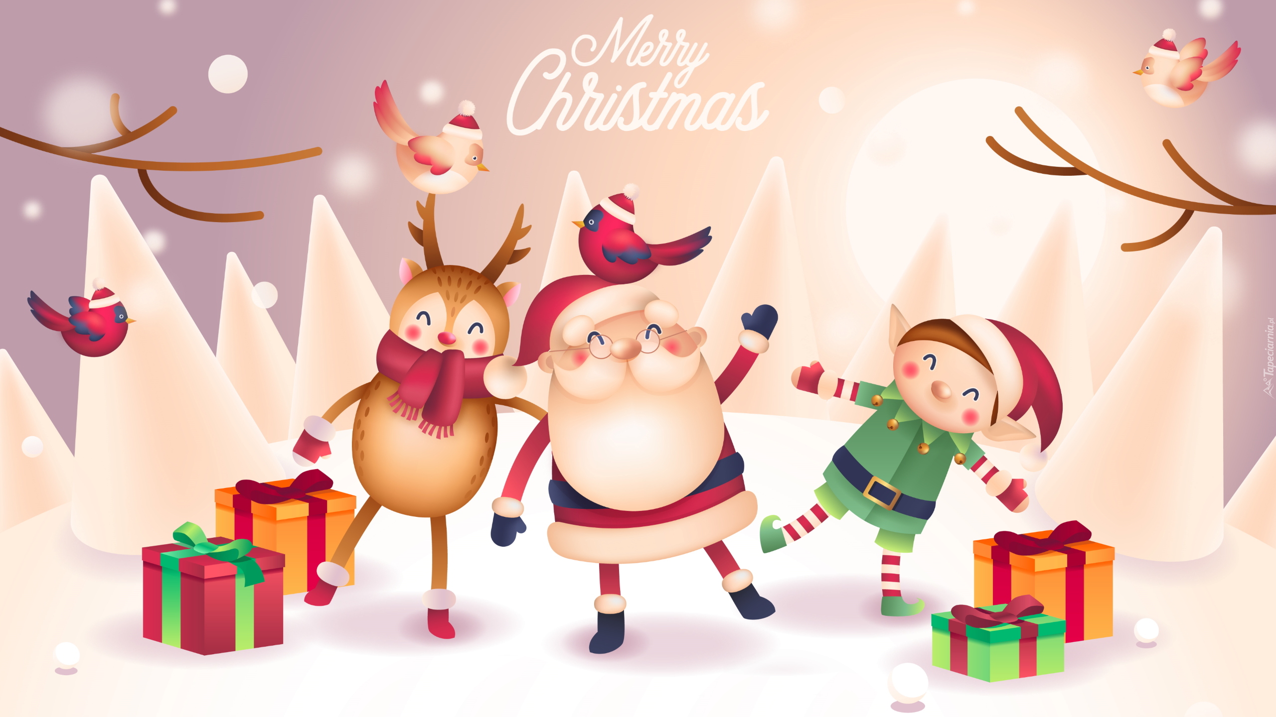 Grafika, Mikołaj, Renifer, Elf, Prezenty, Merry Christmas