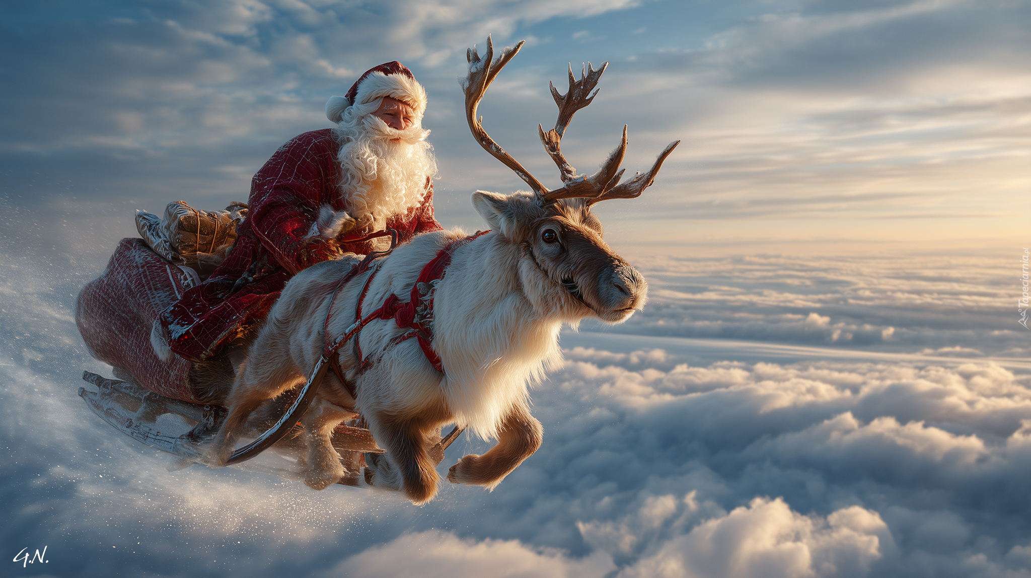 Renifer, Święty, Mikołaj, Sanie, Chmury, Grafika AI