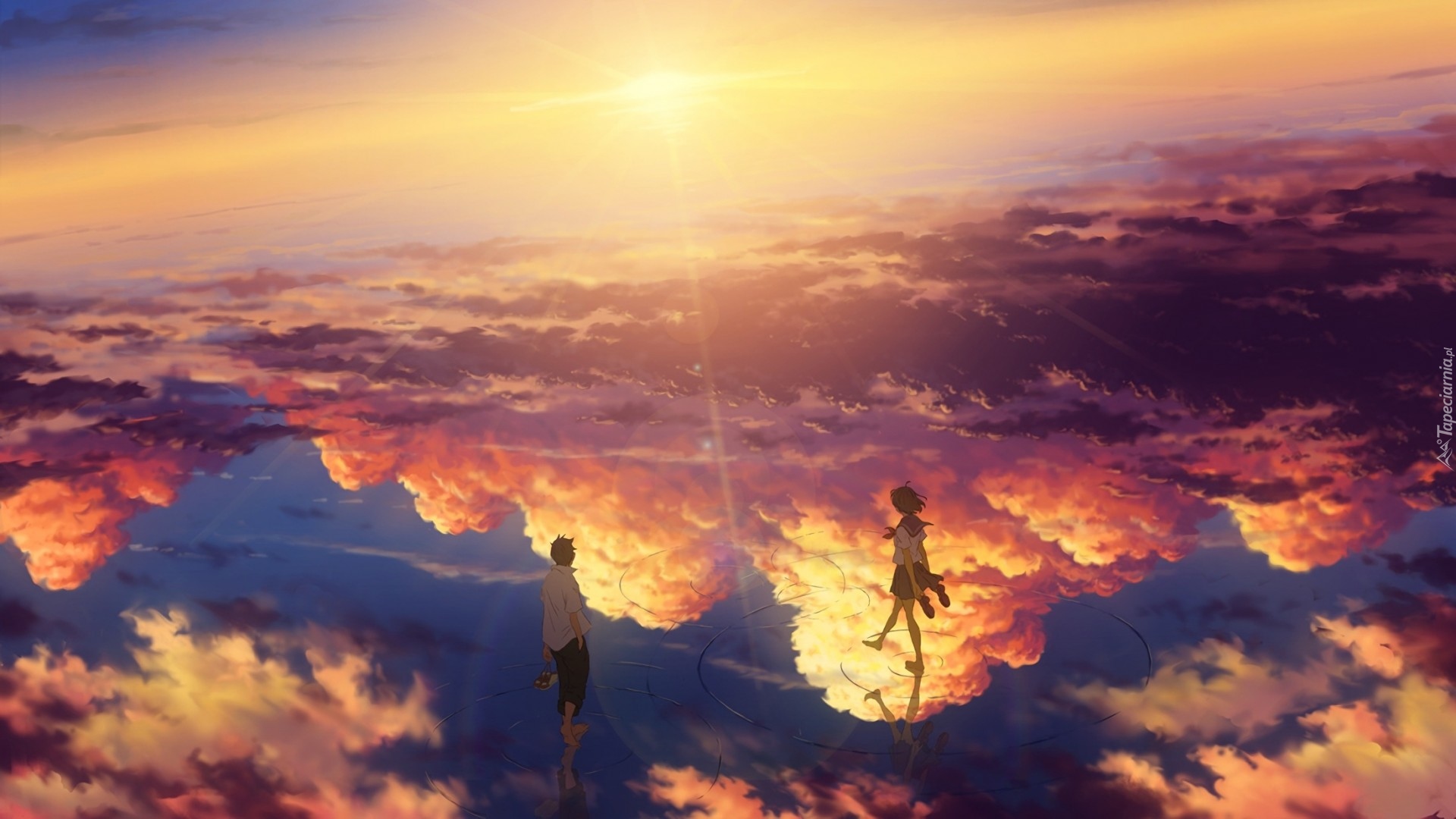 Dziewczyna, Mitsuha Miyamizu, Chłopak, Taki Tachibana, Film Kimi no Na wa., Film Your Name, Chmury, Zachód Słońca, Spacer