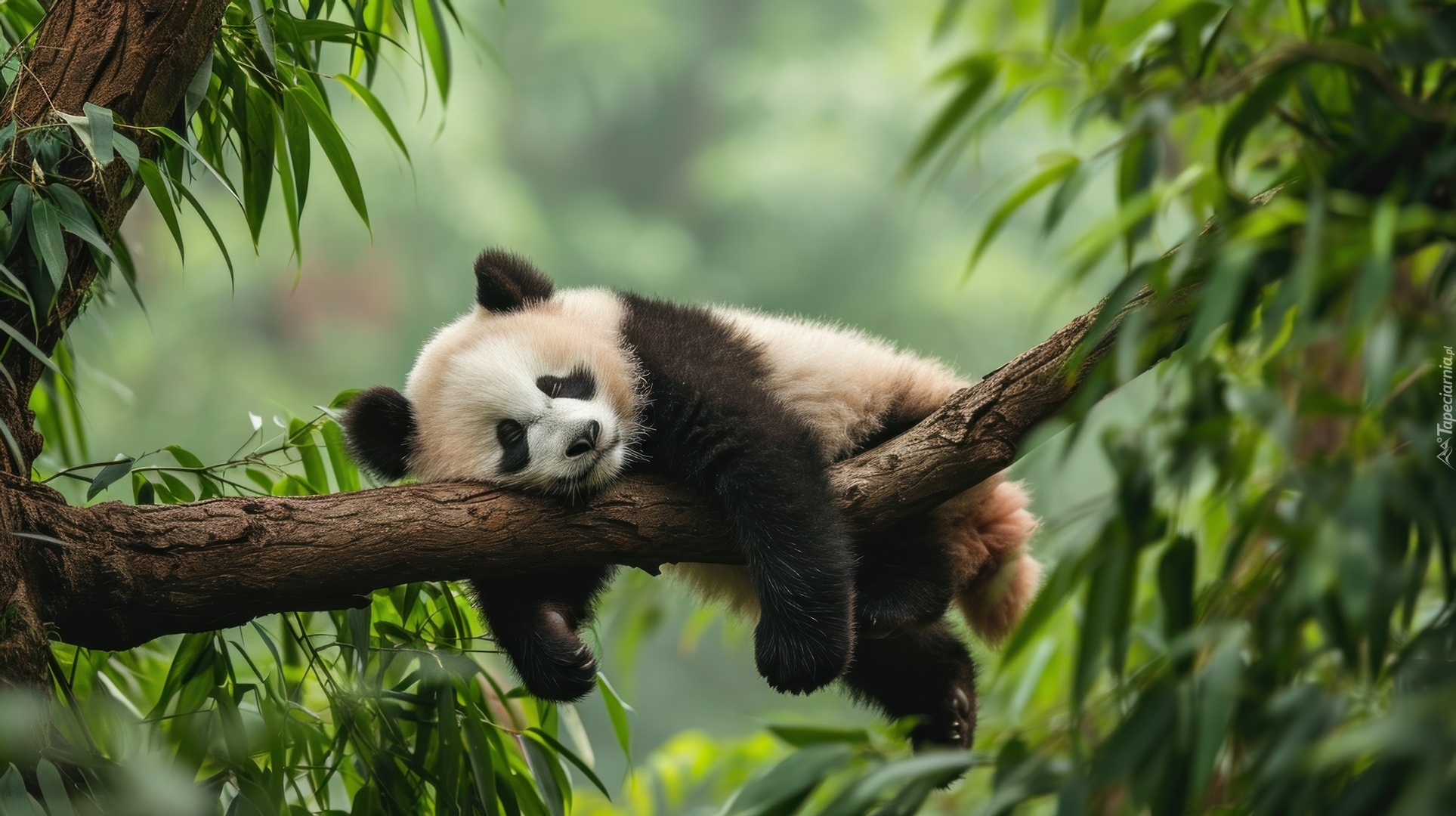 Śpiąca, Młoda, Panda, Drzewo, Konar, Liście, Grafika
