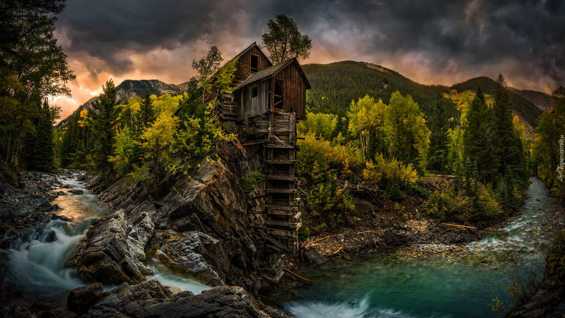 Młyn, Crystal Mill, Rzeka, Crystal River, Skały, Drzewa, Ciemne, Chmury, Kolorado, Stany Zjednoczone