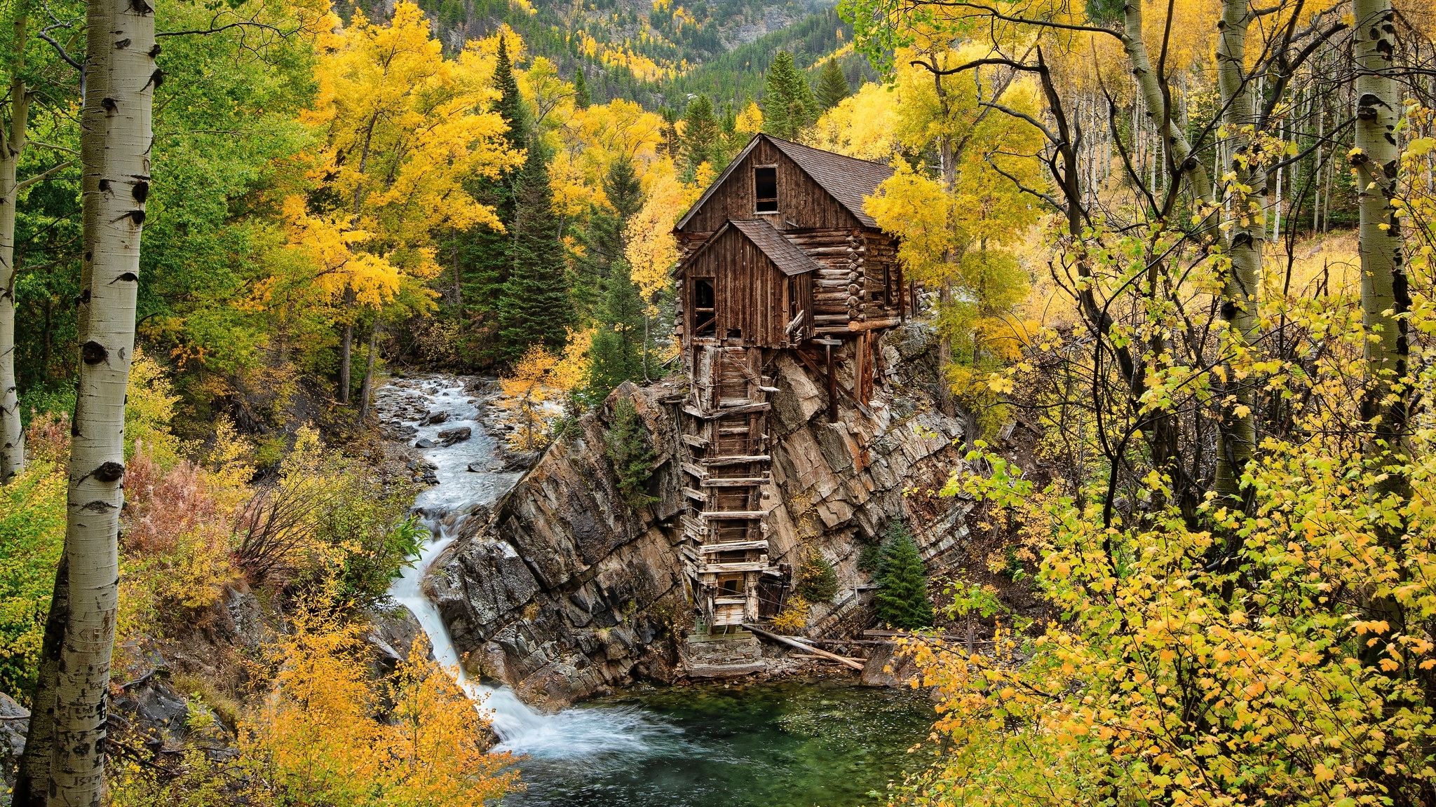 Drewniany, Młyn, Crystal Mill, Rzeka, Crystal River, Jesień, Skały, Drzewa, Kolorado, Stany Zjednoczone