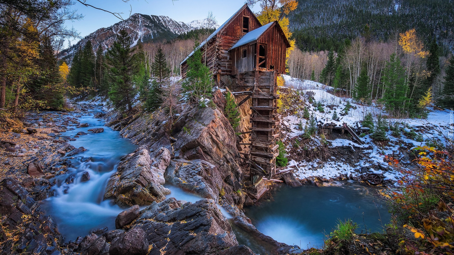 Stany Zjednoczone, Kolorado, Młyn, Crystal Mill, Góry, Rzeka, Skały, Drzewa