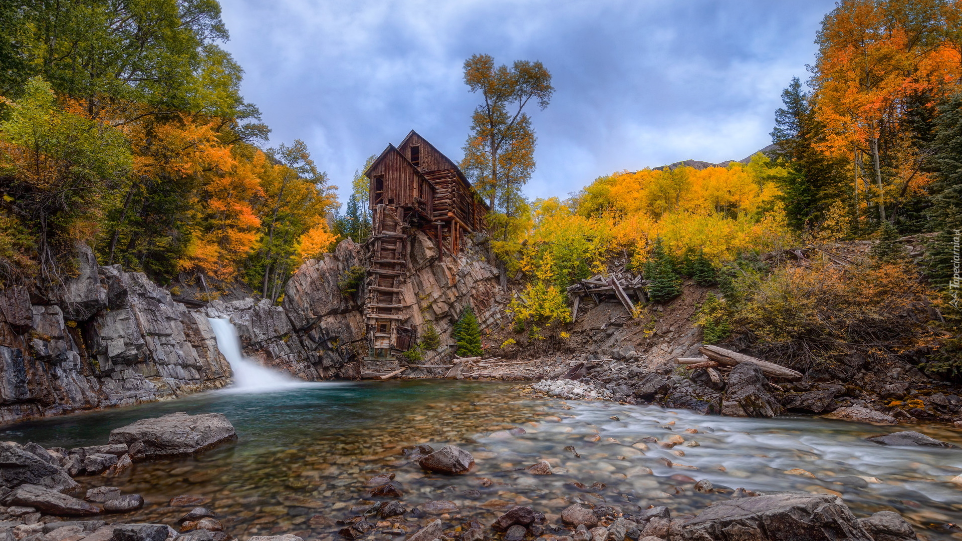 Młyn, Crystal Mill, Rzeka, Crystal River, Jesień, Skały, Drzewa, Kolorado, Stany Zjednoczone