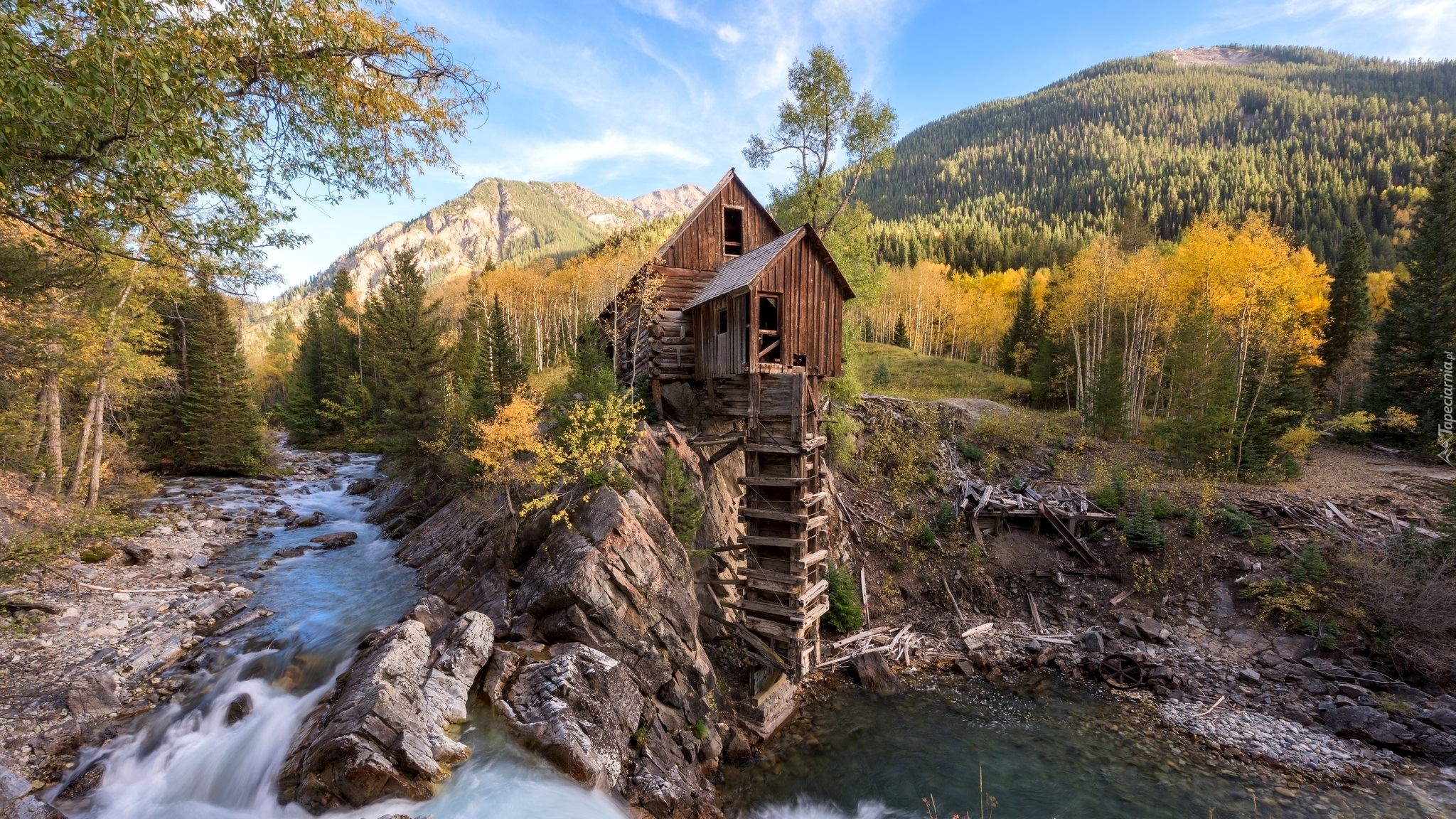 Jesień, Młyn Crystal Mill, Rzeka Crystal River, Skały, Drzewa, Kolorado, Stany Zjednoczone