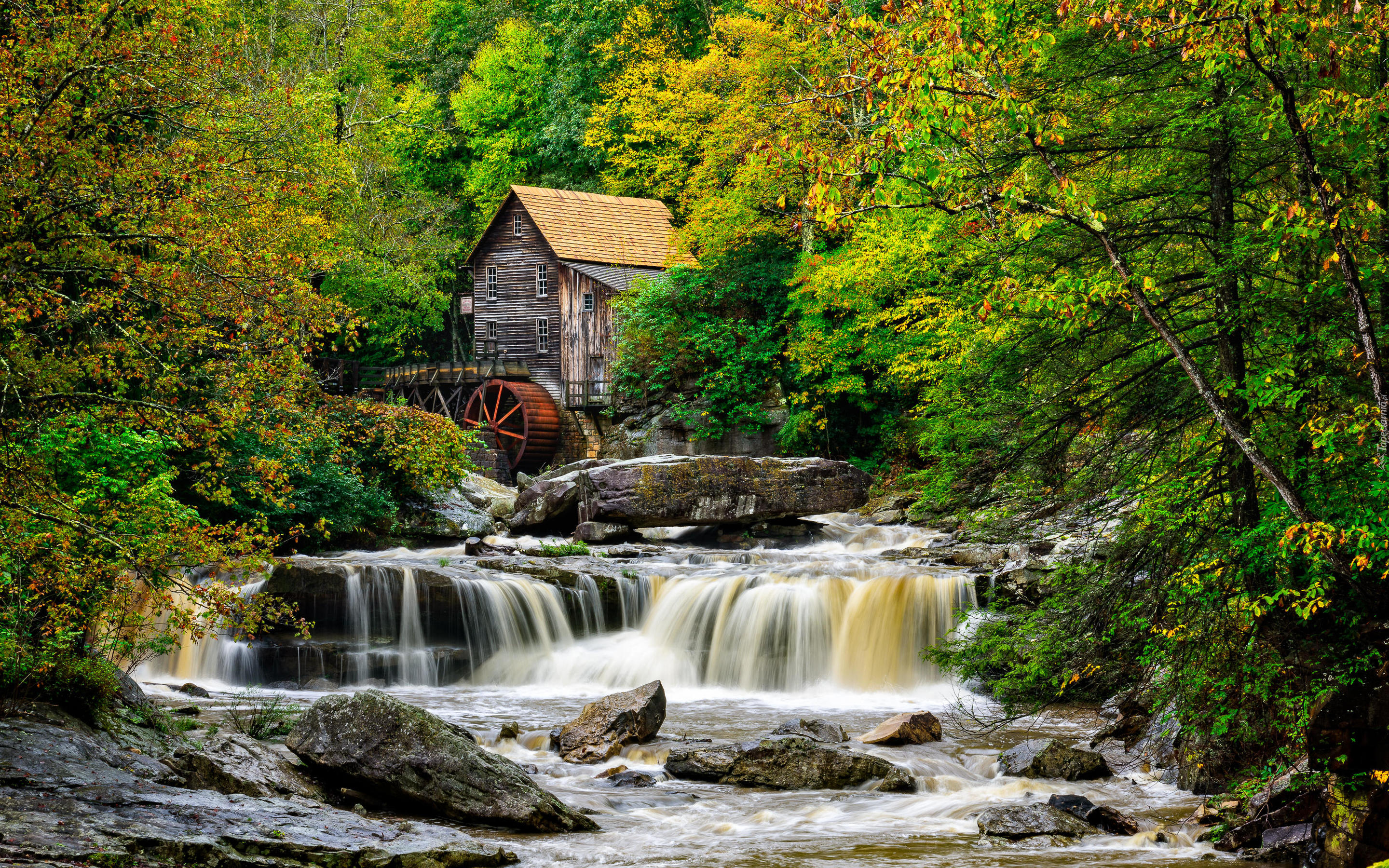 Stany Zjednoczone, Wirginia Zachodnia, Park Babcock State, Młyn, Glade Creek Grist Mill, Drzewa, Rzeka New River Gorge, Kamienie