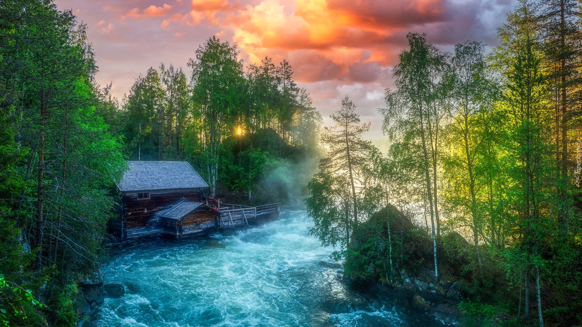 Las, Zielone, Drzewa, Rzeka, Młyn Myllykoski, Park Narodowy Oulanka, Gmina Kuusamo, Laponia, Finlandia