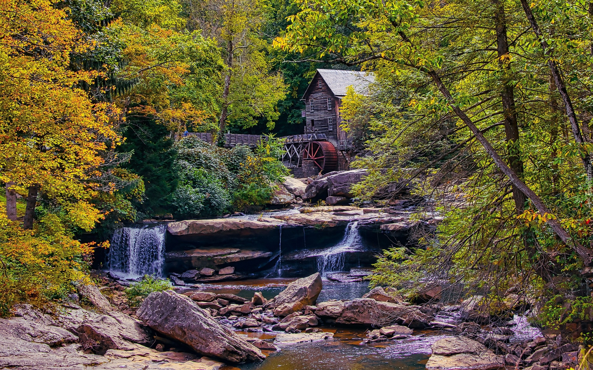 Drzewa, Rzeka, Skały, Młyn wodny, Glade Creek Grist Mill, Jesień, Park Babcock State, Wirginia Zachodnia, Stany Zjednoczone