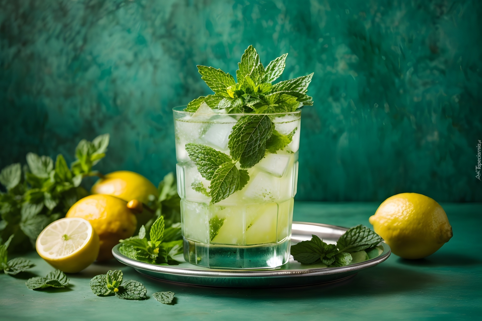 Koktajl alkoholowy, Mojito, Szklanka, Mięta, Kostki, Lodu, Taca, Cytryny, Zielone, Tło Alkohole