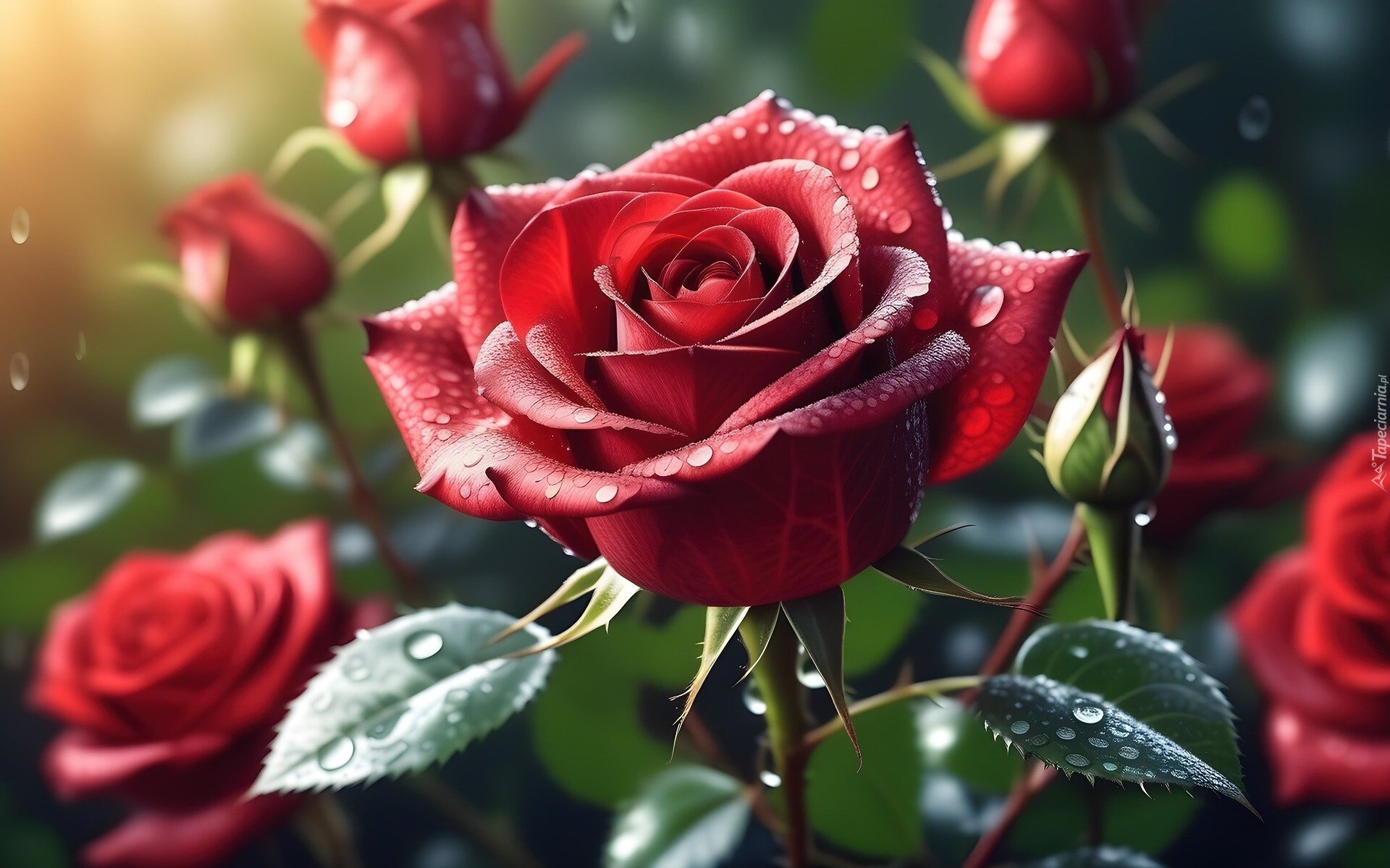 Czerwona, Róża, Kwiat, Krople, Liście