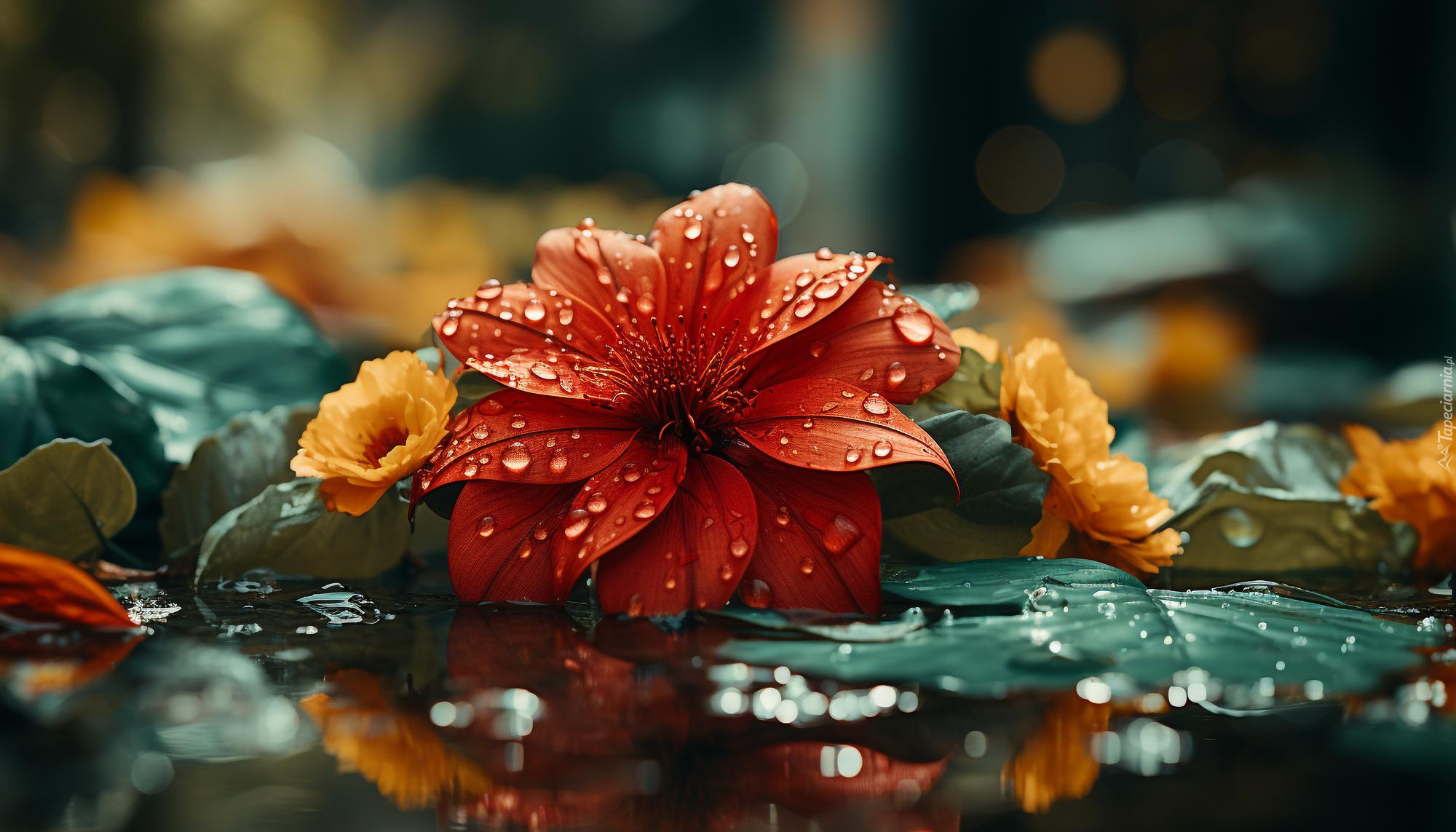Kwiaty, Liście, Krople wody