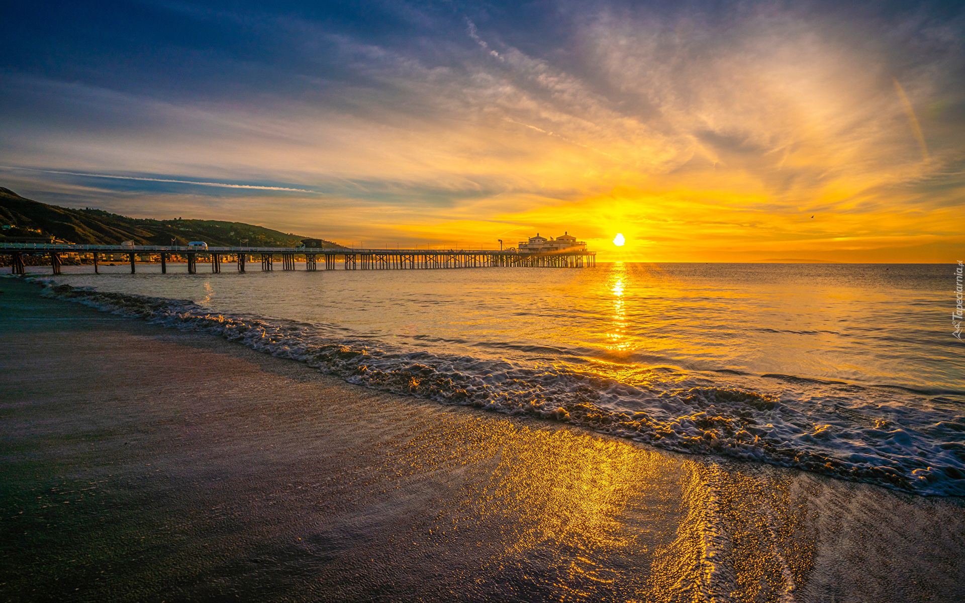 Wschód słońca, Morze, Molo, Plaża, Malibu, Kalifornia, Stany Zjednoczone