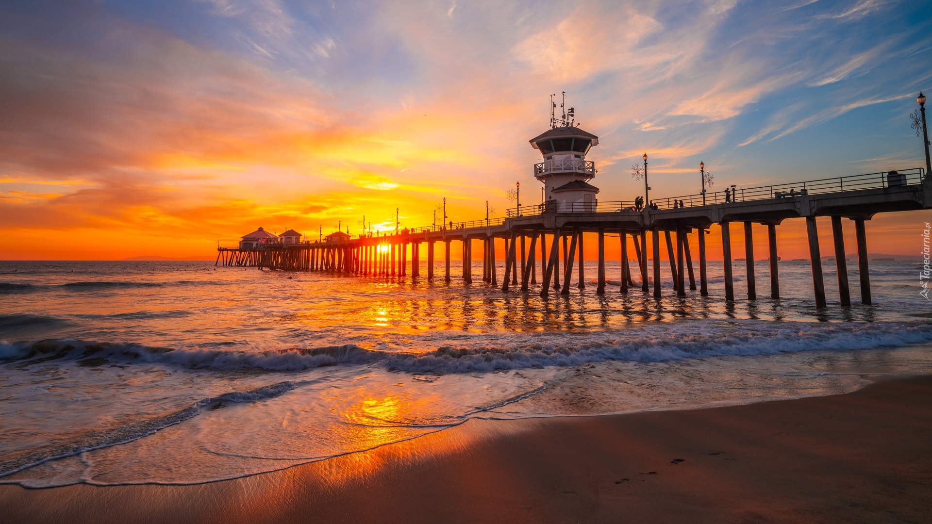 Morze, Fale, Plaża, Molo, Huntington Beach Pier, Zachód słońca, Huntington Beach, Kalifornia, Stany Zjednoczone