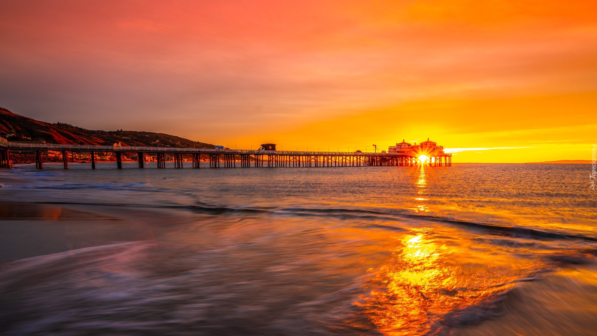 Morze, Plaża, Molo, Zachód słońca, Odbicie, Malibu, Kalifornia, Stany Zjednoczone